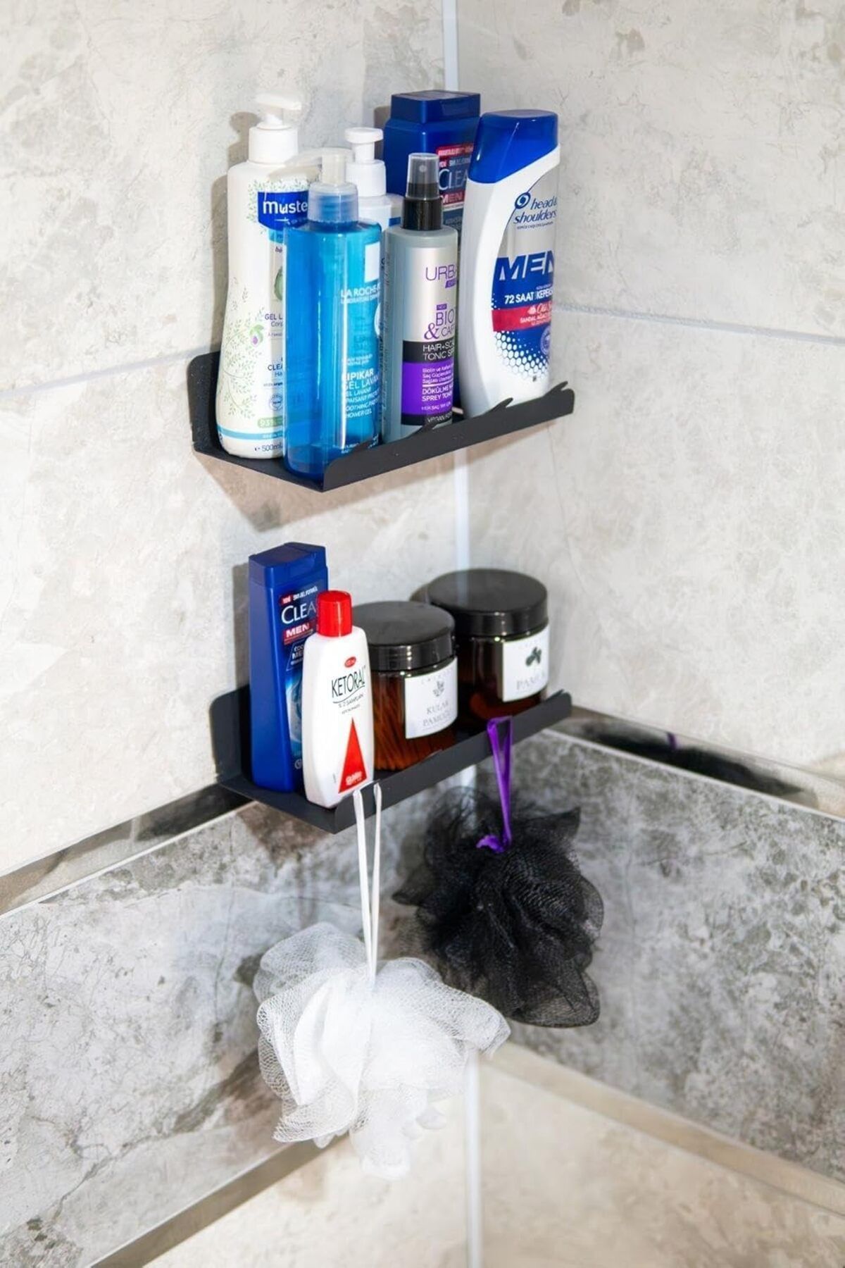 LUXE Yapışkanlı 2 li Siyah Köşe Şampuan Tutucu, Banyo Düzenleyici, Mutfak ve Raf Düzenleyici LXS