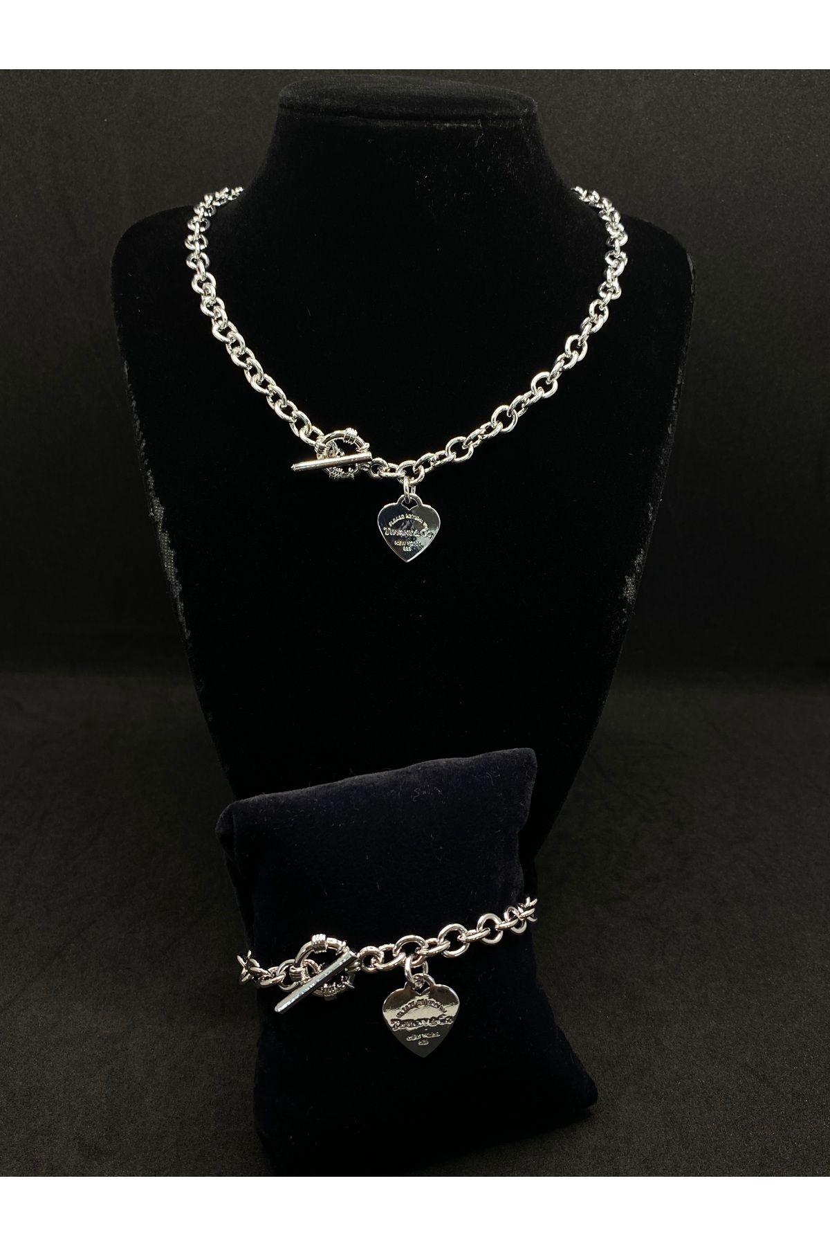 Jiji Jewelery Tiff Co Heart Tag Toggle Gümüş Renk Çelik Takı Seti