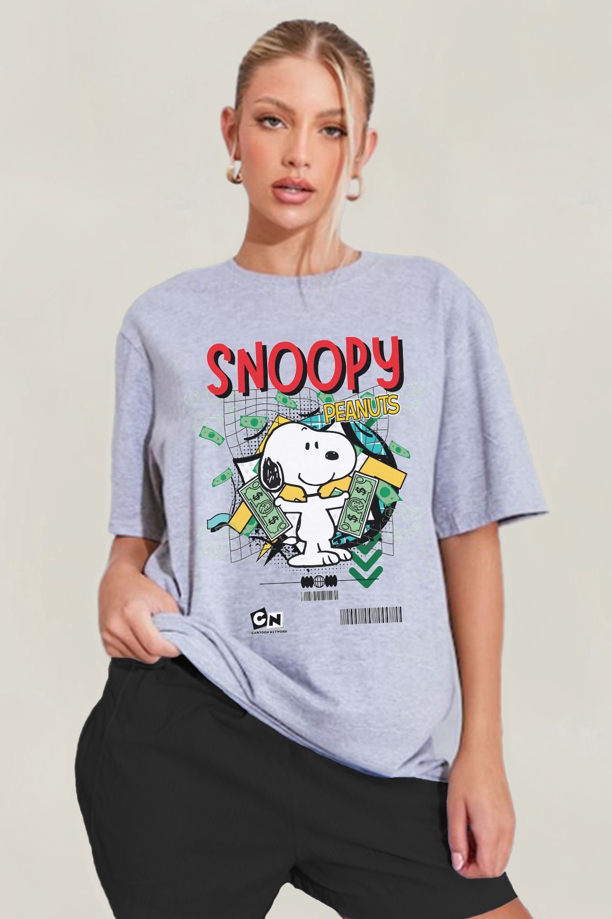 MODA Snoopy Baskılı Oversize Kalıp Grimelanj Geniş Bol Kesim Kadın Tişört