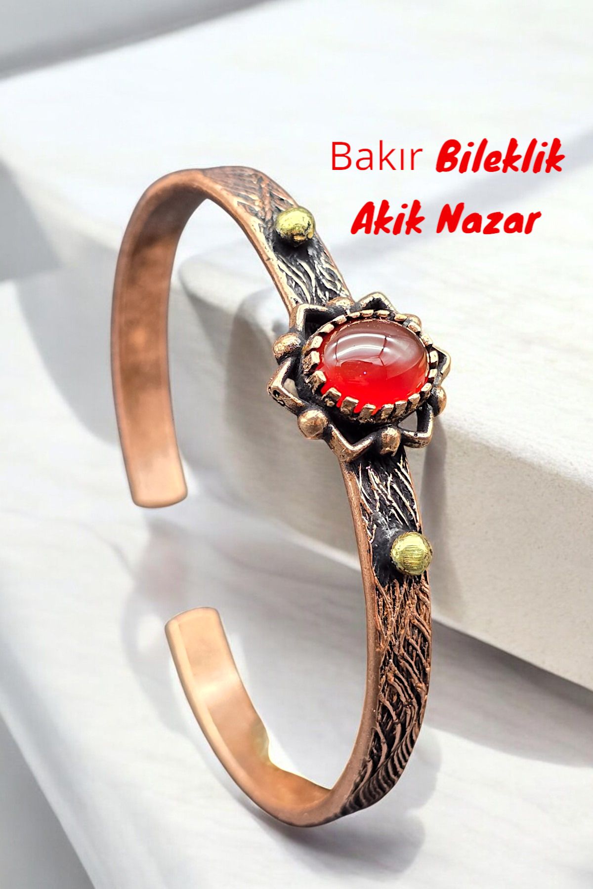 NBS Beautiful Naturel Stones Bakır Bileklik ( Saf ) Ayarlanabilir Akik Taşı Antik Benzersiz Tasarım ( Nazar )