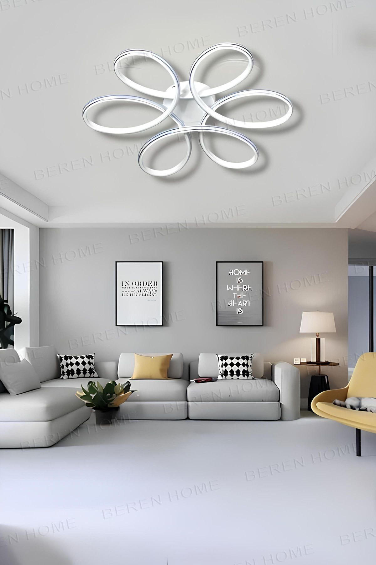 BEREN HOME Sayra White Chrome (60 CM) Tek Renk Modern Plafonyer Led Avize