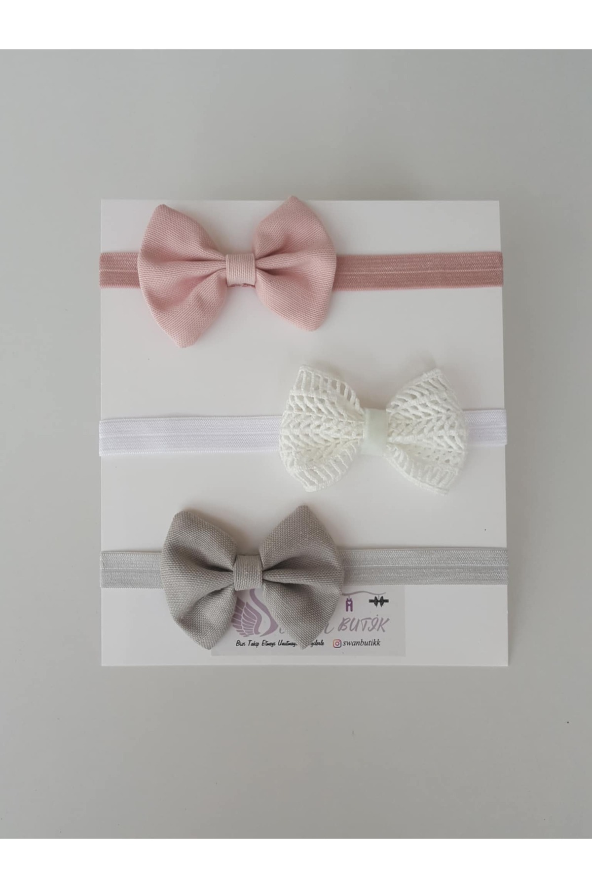swan butik Kız Bebek Çocuk Bandana Toka Seti 3'lü Pudra Pembe, Beyaz , Gri Fiyonk fotoğrafı 2 (önizleme)