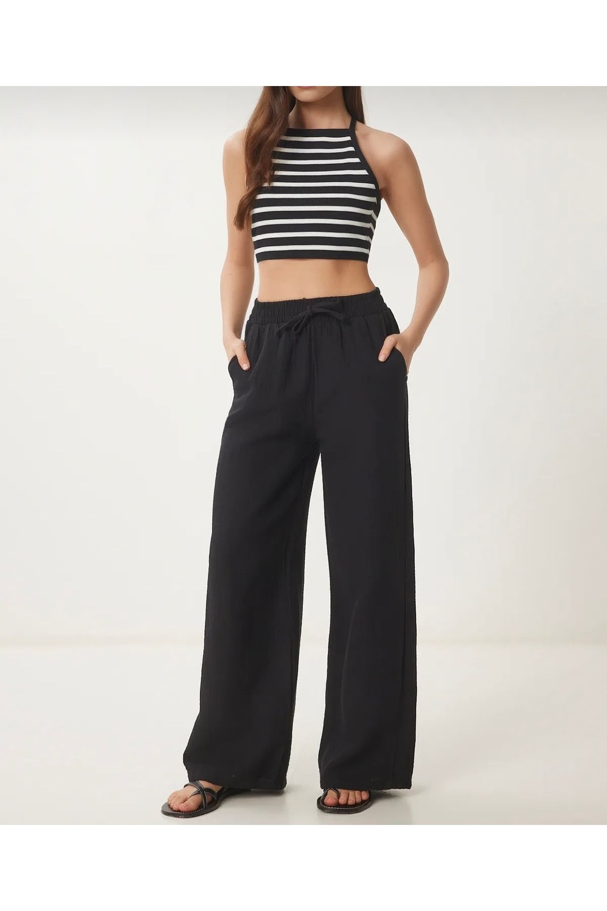 lenai online shop Müslin Kumaş Bol Paça Pantolon Bağcıklı