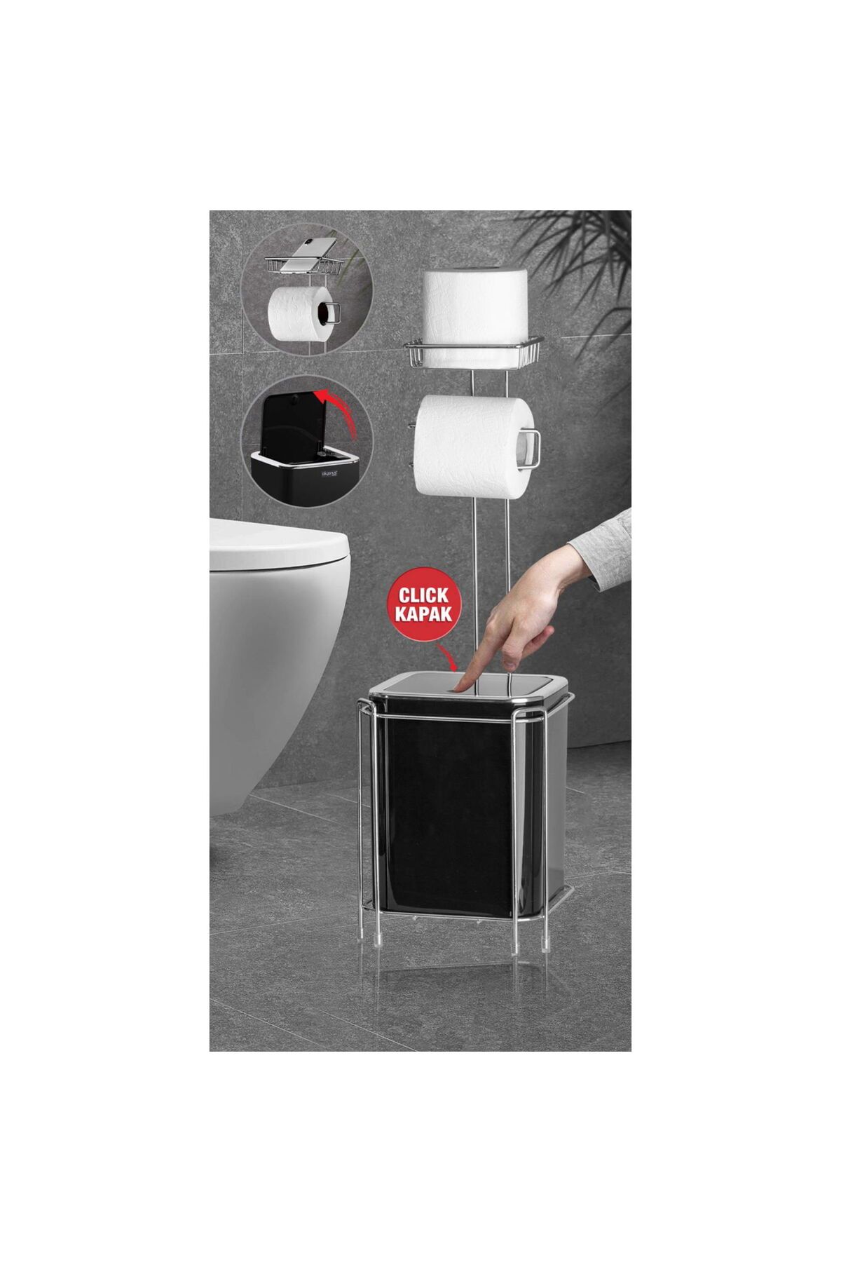 MATMEL Yedekli Wc Kağıtlığı ve Kare Çöp Kovası Seti - Siyah / Krom