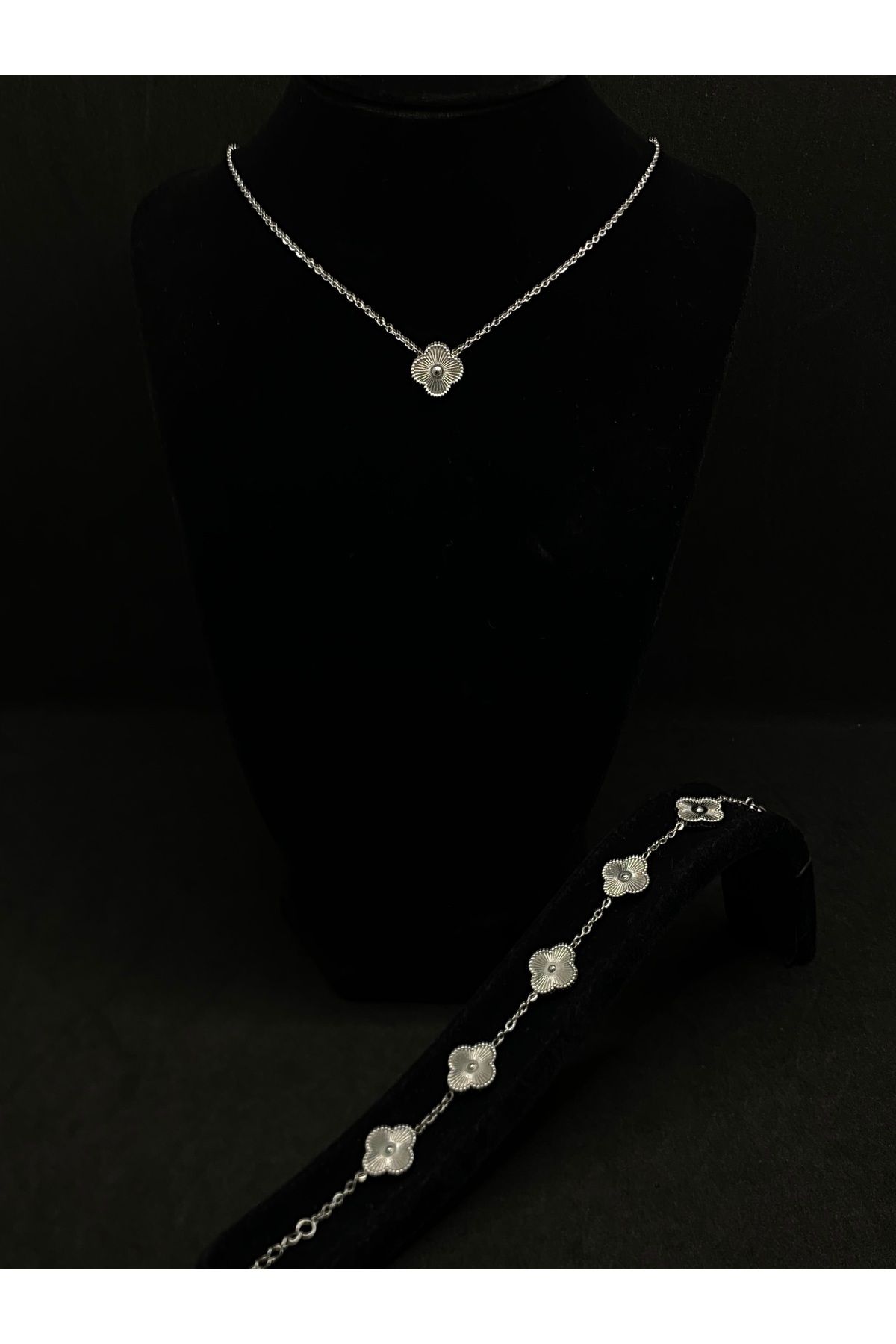 Jiji Jewelery Van Cleef Çift Taraflı Mineli Gümüş Renk Bileklik ve Kolye Paslanmaz Çelik Takı Seti