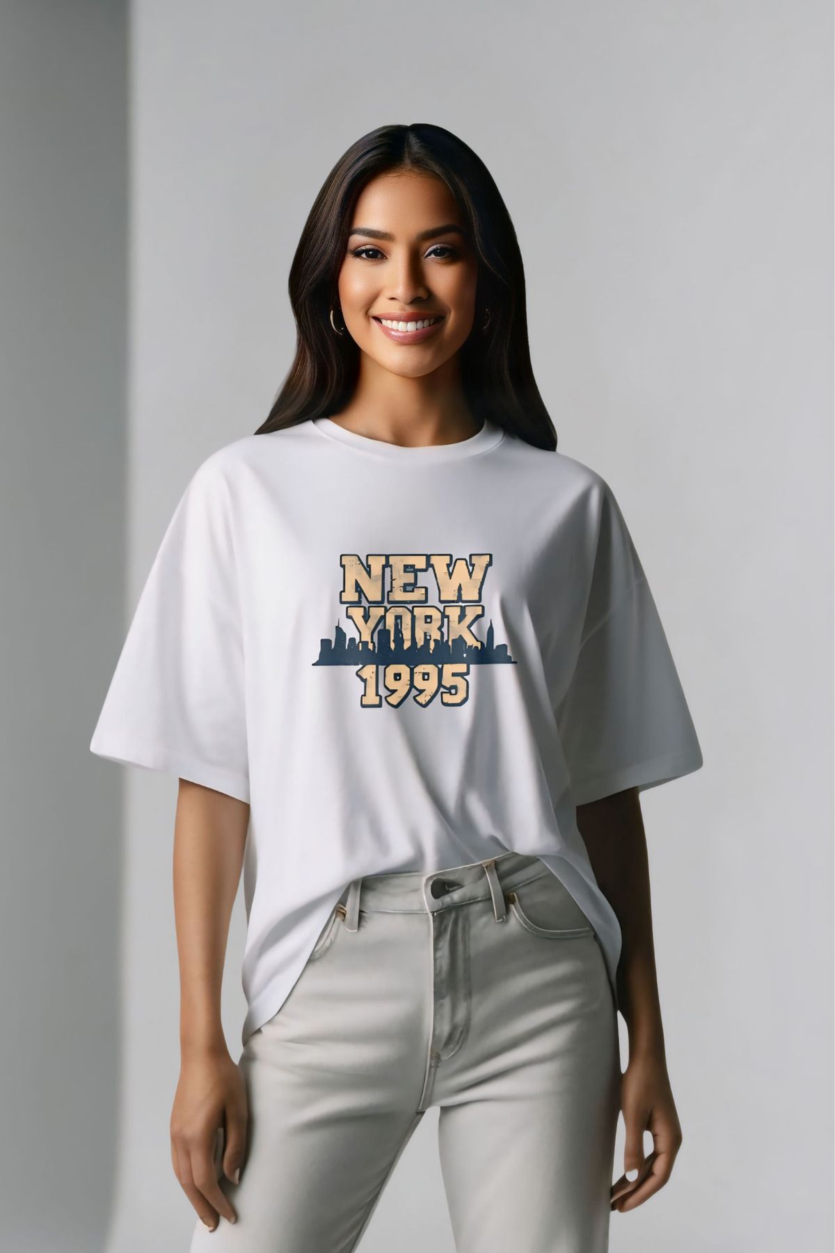 Butik Retro New York 1995 Baskılı Tasarım Pamuklu Oversize T-shirt