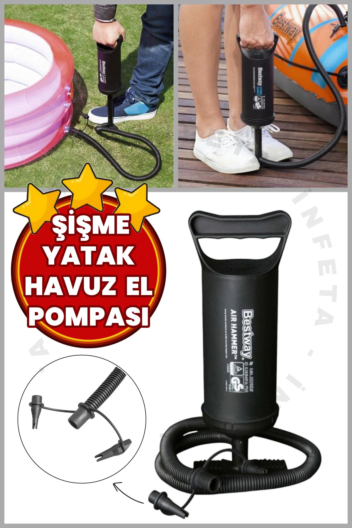 İnfeta Çift Fonksiyonlu Havuz Şişme Yatak Pompası 30 Cm Üç Uçlu