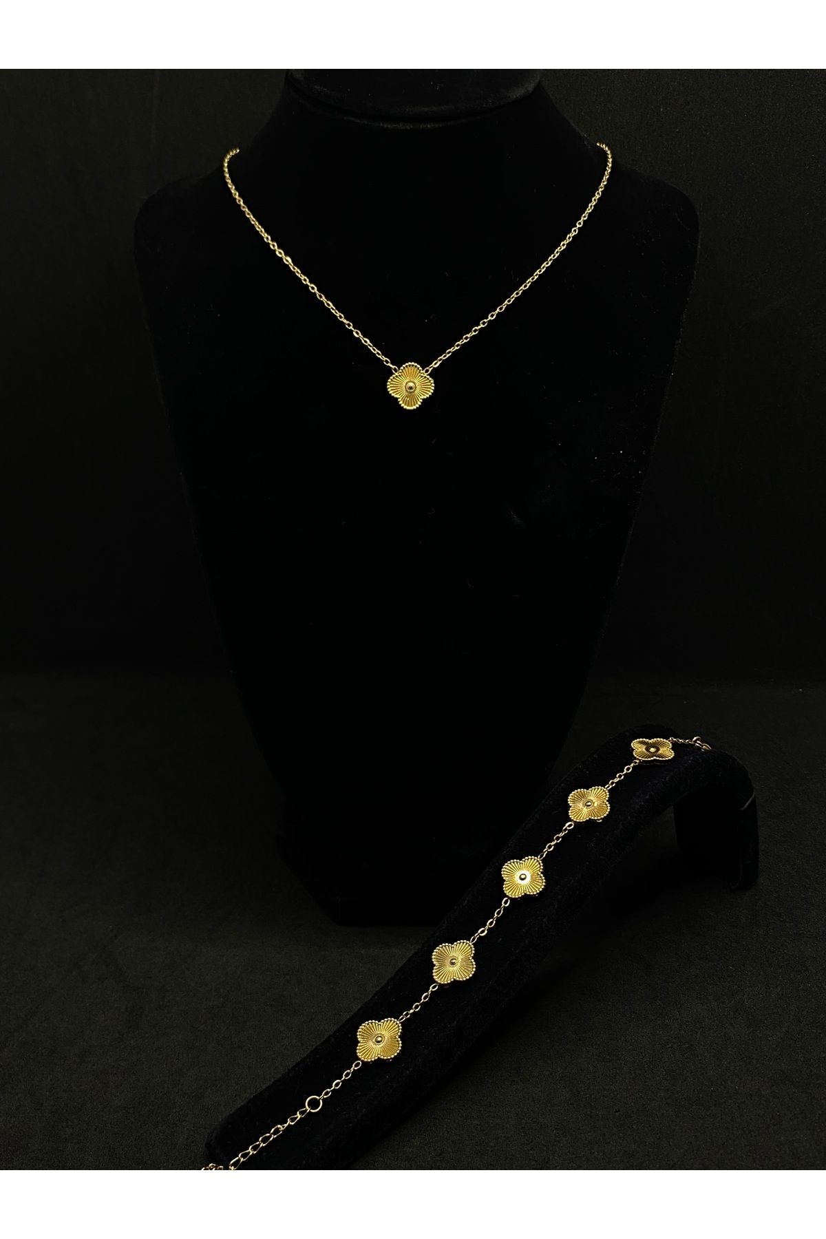 Jiji Jewelery Van Cleef Çift Taraflı Mineli Altın Renk Bileklik ve Kolye Paslanmaz Çelik Takı Seti