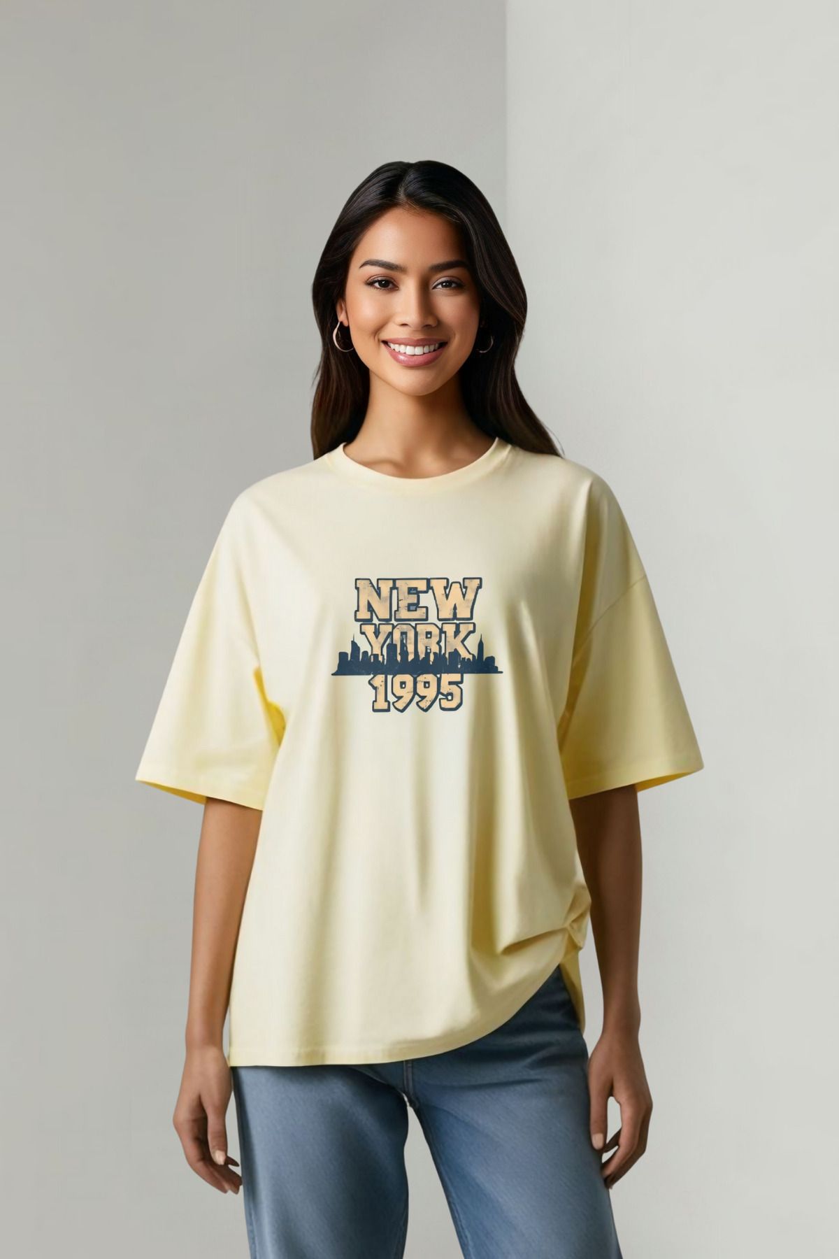 Butik Retro New York 1995 Baskılı Tasarım Pamuklu Oversize T-shirt