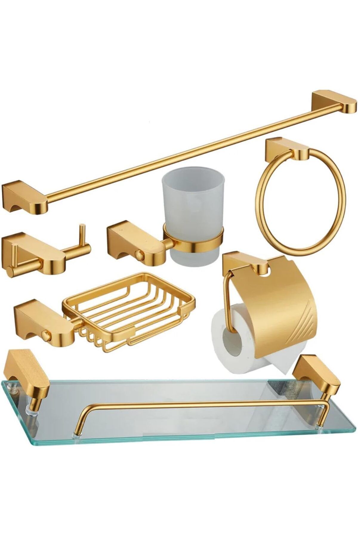 STOREMAX LÜX BANYO SETİ 7 Lİ ALTIN RENGİ Yuvarlak Havluluk, Tuvalet Kağıtlığı, Asklık,Uzun Havl