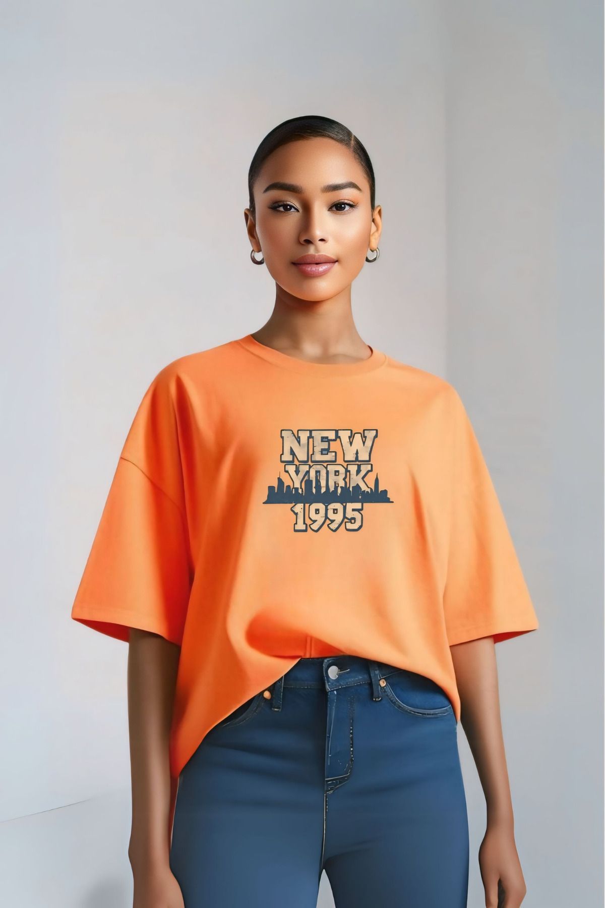 Butik Retro New York 1995 Baskılı Tasarım Pamuklu Oversize T-shirt