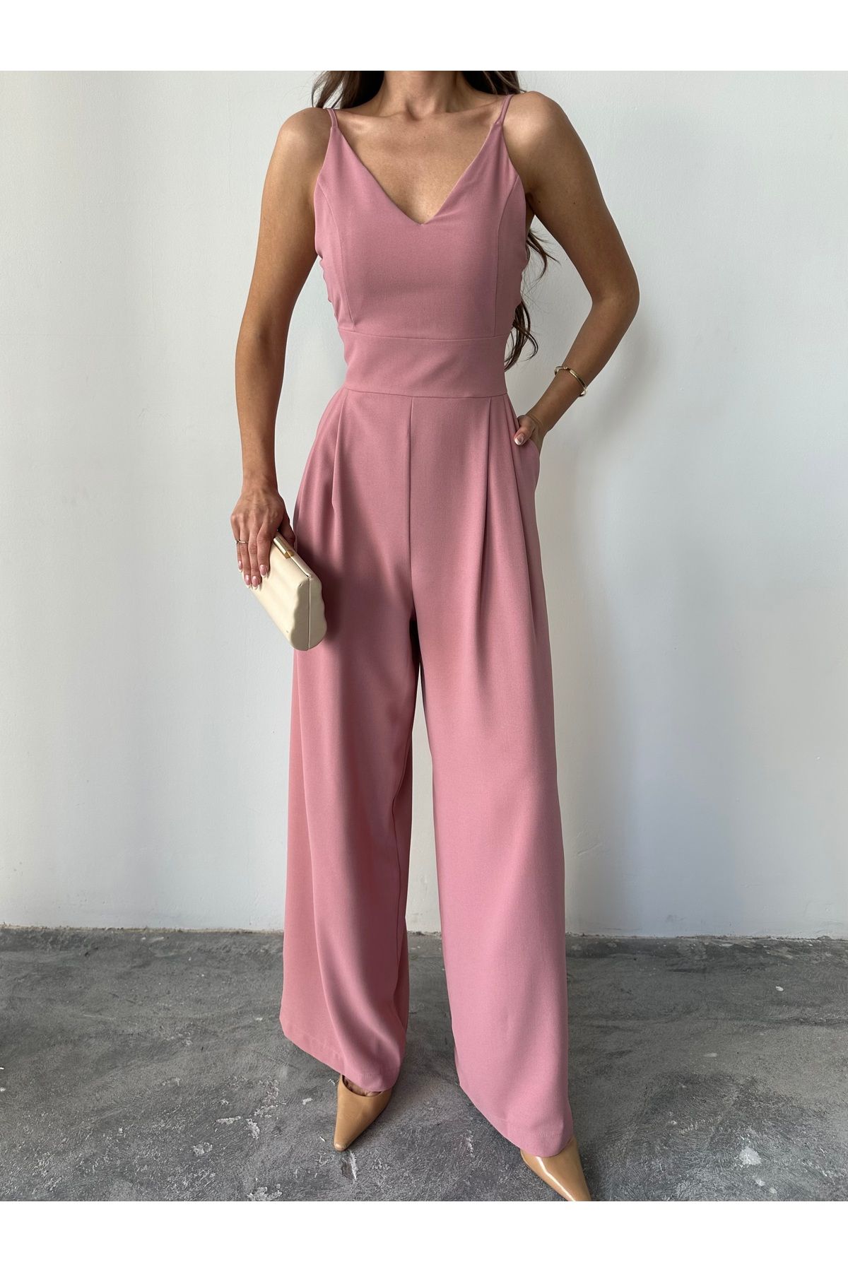 MAXMOOR Layla V Yaka Beli Oturtmalı Palazzo Pembe Tulum