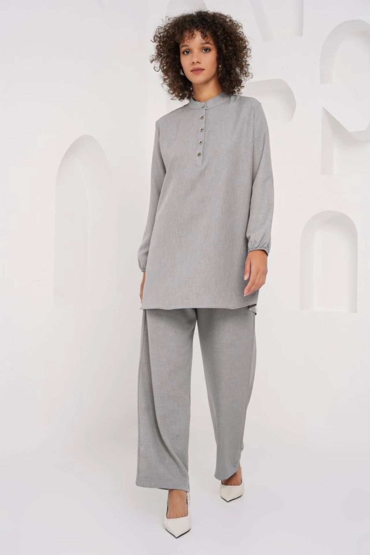 Silerra 6678 Keten Tunik Pantolon İkili Takım - Gri