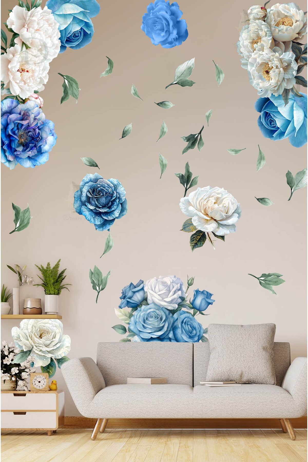 KT Decor Mavi Beyaz Şakayık Çiçekleri Premium Duvar Sticker Seti