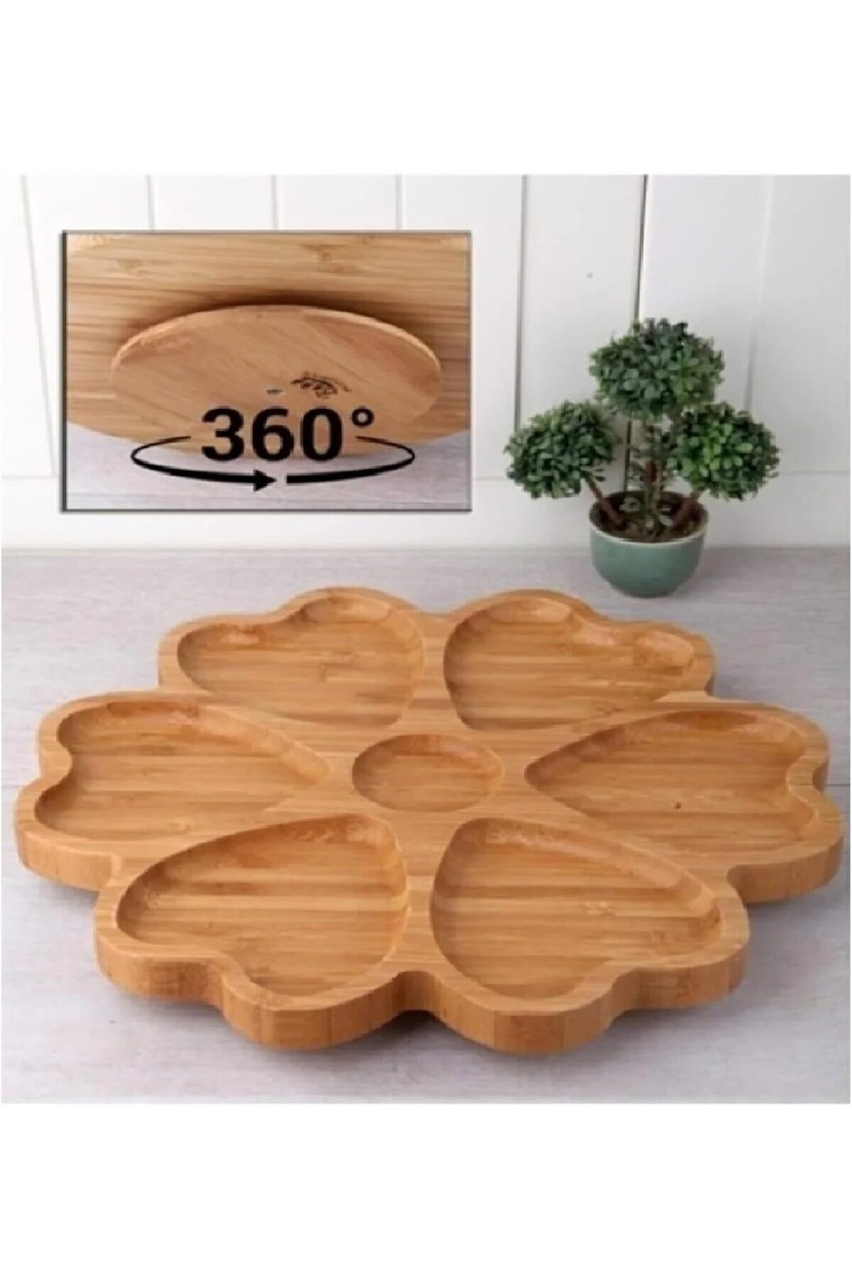 STOREMAX Ezg Bölmeli 25 cm Bambu Ahşap Döner Stantlı Servis Tabağı Kalp Şekilli Sunum Tepsisi Dönerli