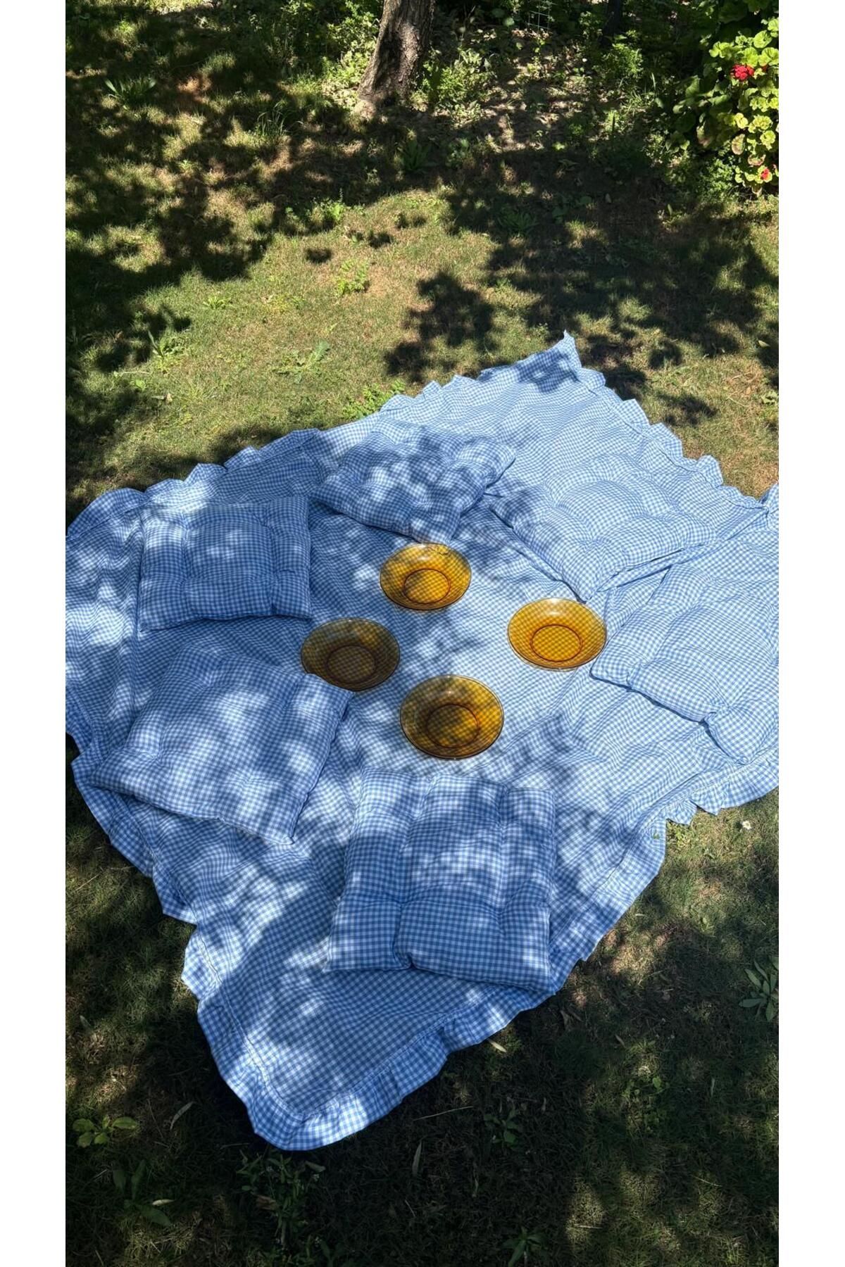HOMEMADES El Yapımı Piknik Seti 8 Parça 170x170 Leke Tutmaz Örtü + 6 Adet 45x45 Minder + 60x80 Taşıma Çantası