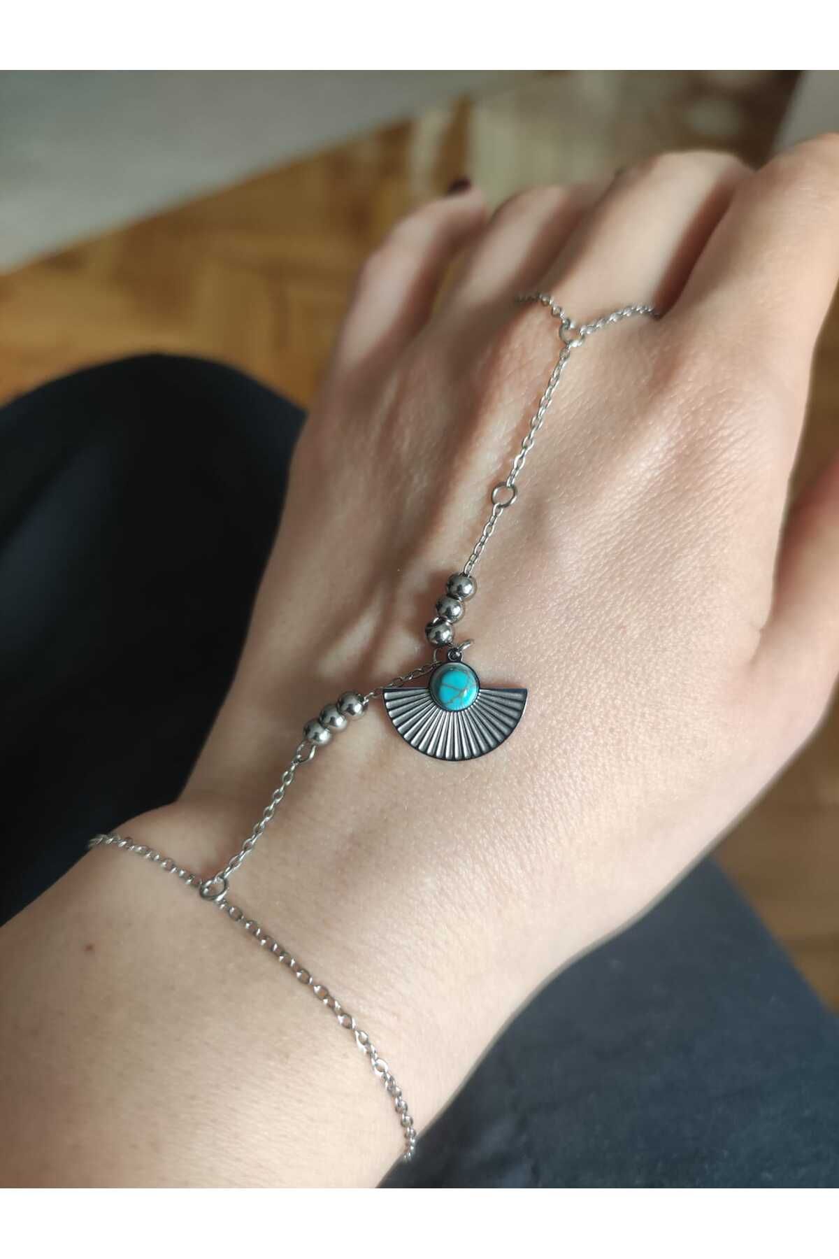 MoS JEWELLERY Gümüş Renk Turkuaz Doğal Taşlı Ay Detaylı Zincir Şahmeran - Paslanmaz Çelik