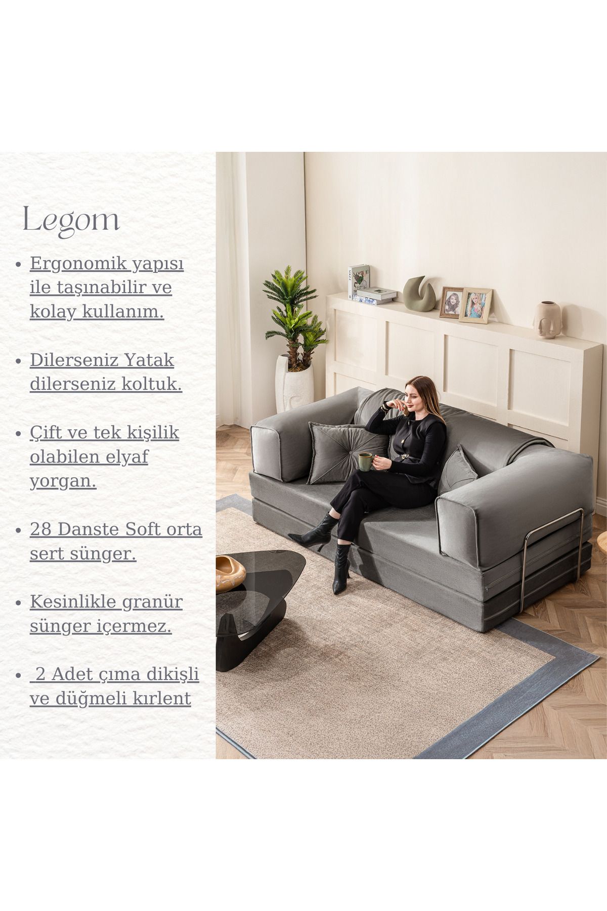 BRANNA HOME Legom 2 Kişilik Yorganlı Aktivite Koltuk & Açılabilir Yatak & Çok Amaçlı & Modern Sünger & Antrasit