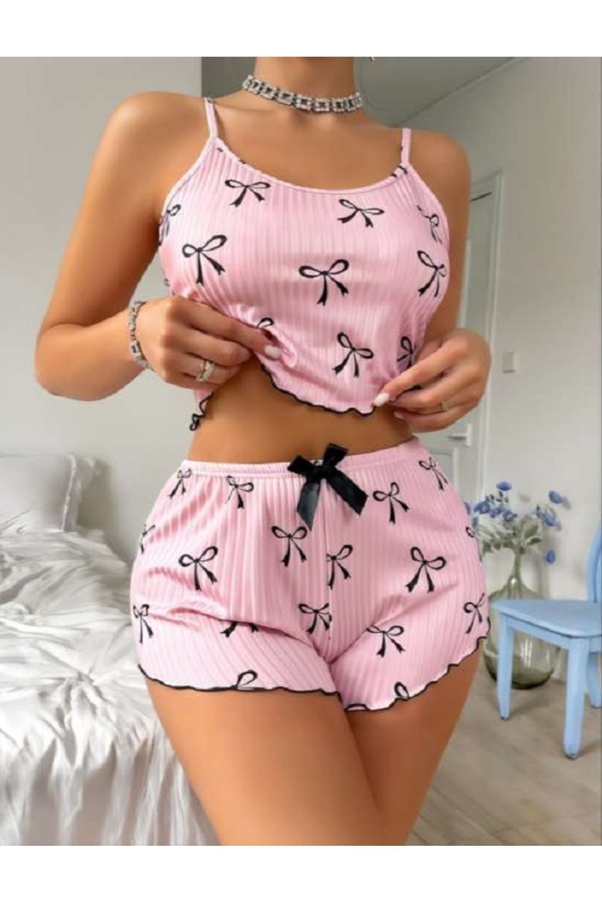 Viselya Pembe Siyah Atlet Şort Takım
