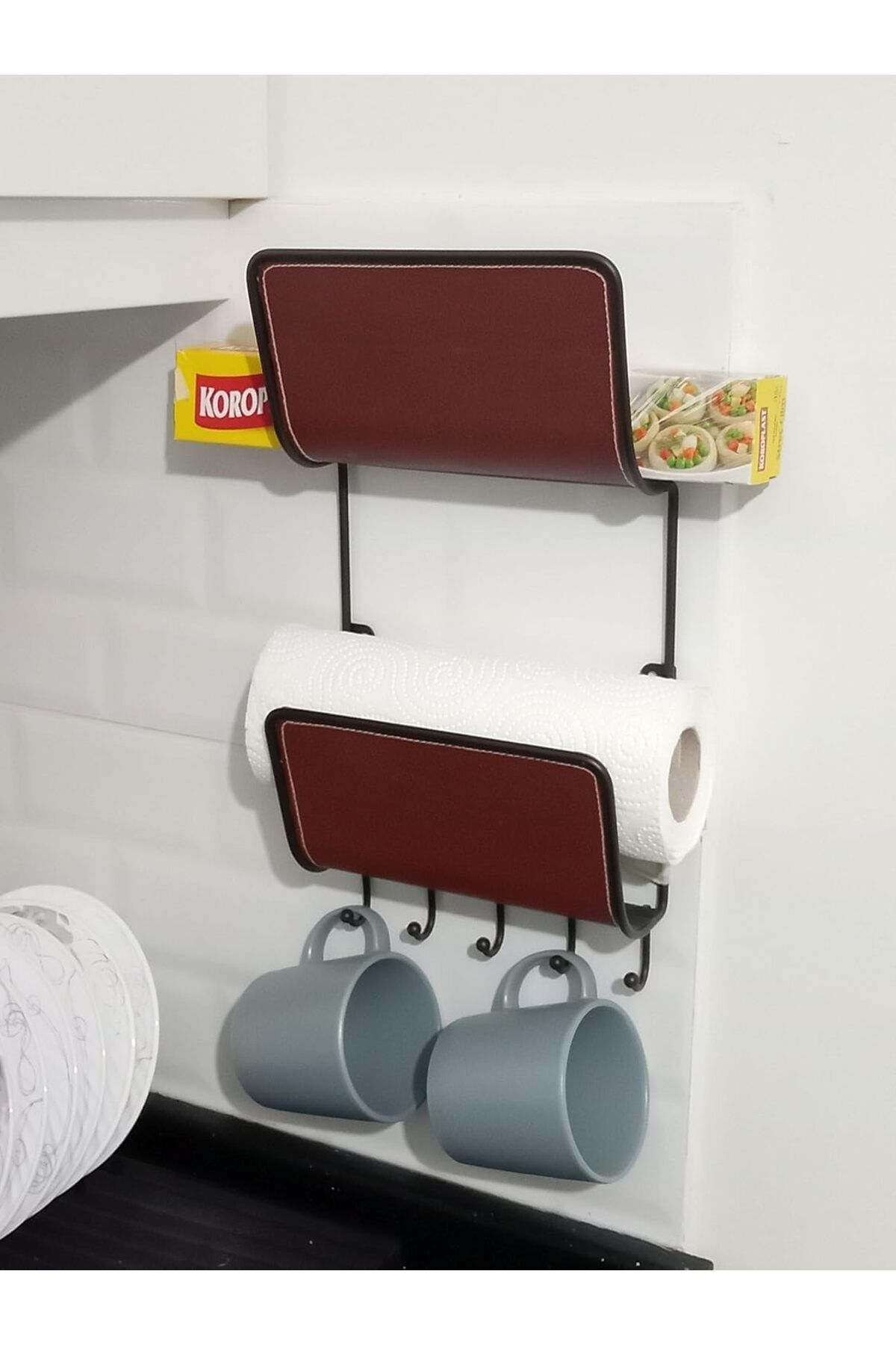 LUXE Homi Mutfak Streç Film,Kağıt Havlu,Kupa,Kepçe Düzenleyici Raf Vegan Deri Kaplamalı 19X37X8Cm