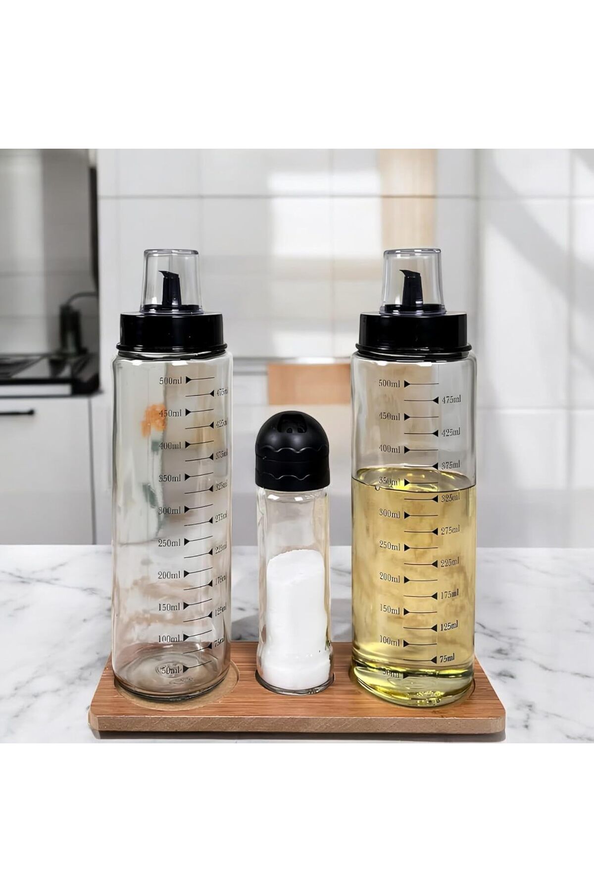 STOREMAX Ahşap Standlı 2'li 500 Ml Cam Yağdanlık Ve Tuzluk
