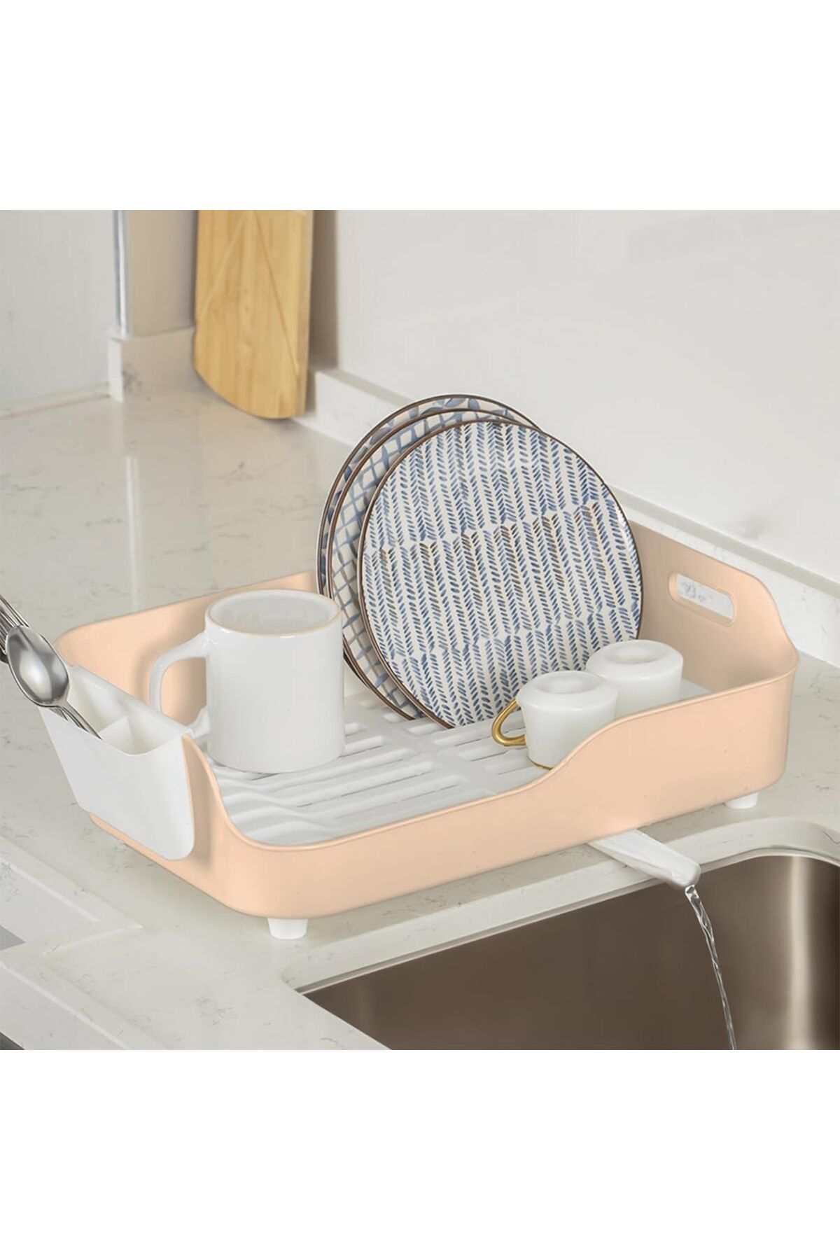 LUXE AKL-060 Bej Lüks Tabaklık Bulaşıklık-Yönlendirilebilir Su Akıtma Kanallı Bulaşık Sepeti-K