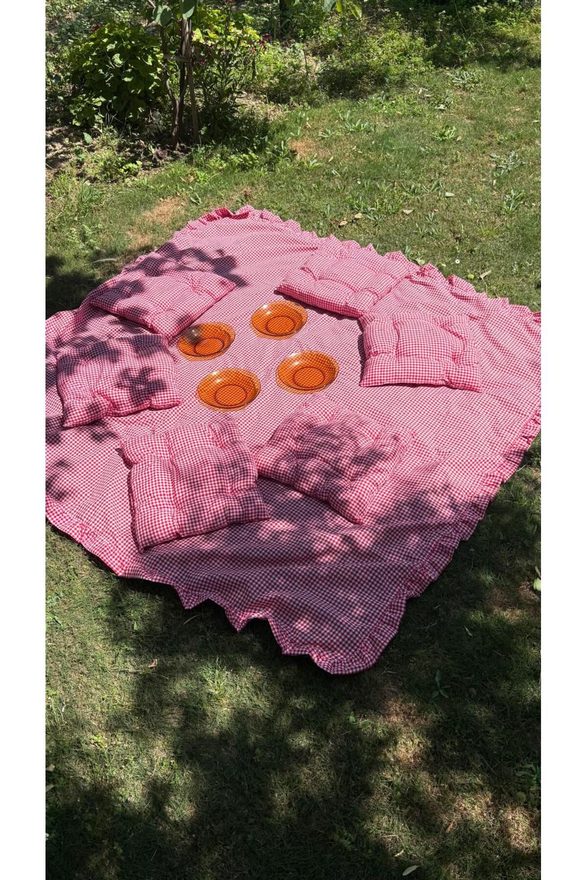 HOMEMADES El Yapımı Piknik Seti 8 Parça 170x170 Leke Tutmaz Örtü + 6 Adet 45x45 Minder + 60x80 Taşıma Çantası