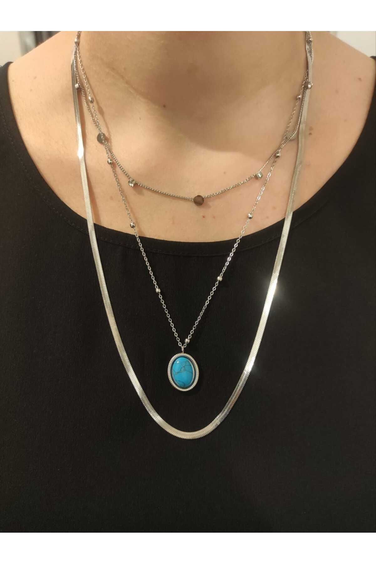 MoS JEWELLERY Gümüş Renk Turkuaz Doğal Taş Detaylı 3 Katlı Zincir Kolye - Paslanmaz Çelik