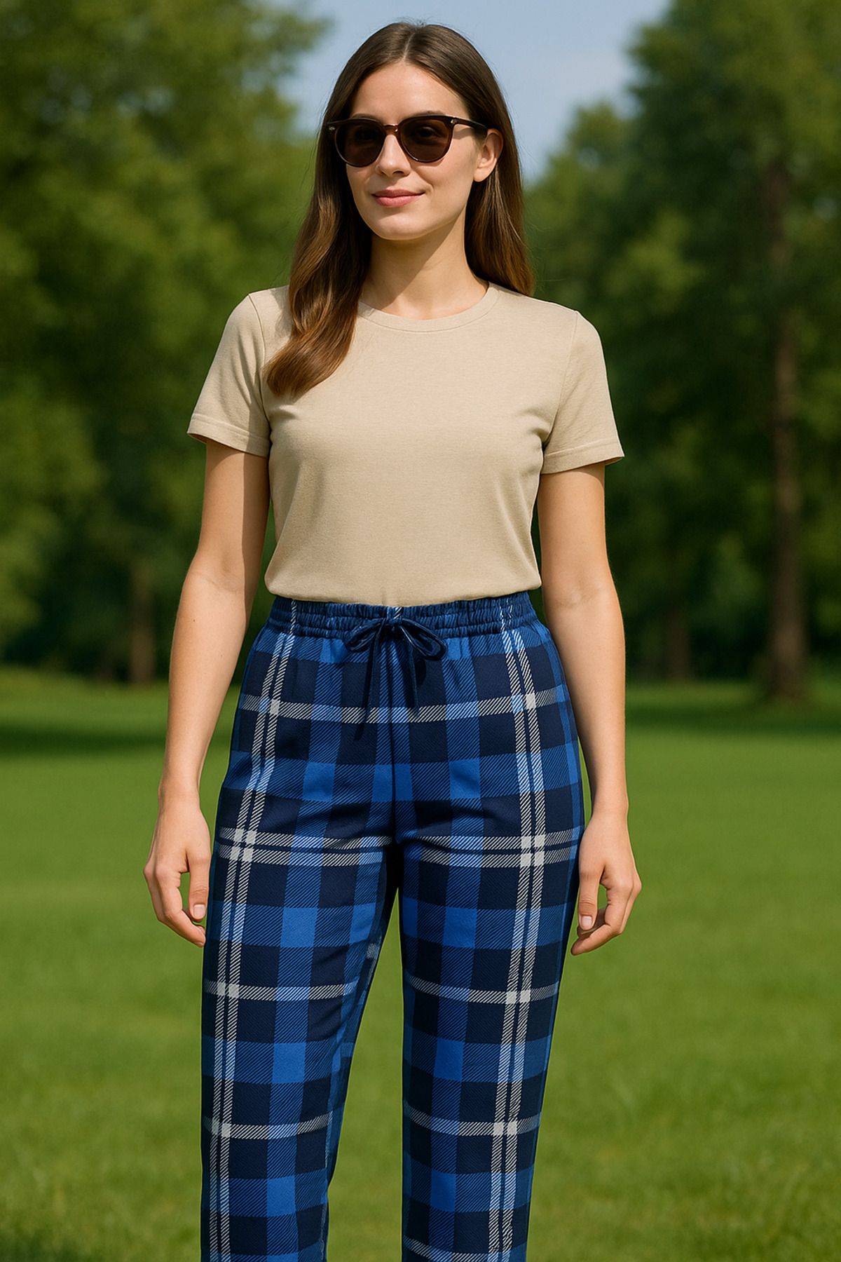 Gawzera Milan Kumaş Mavi Ekose Kareli Desen Kadın Erkek Uyumlu Pijama Altlık