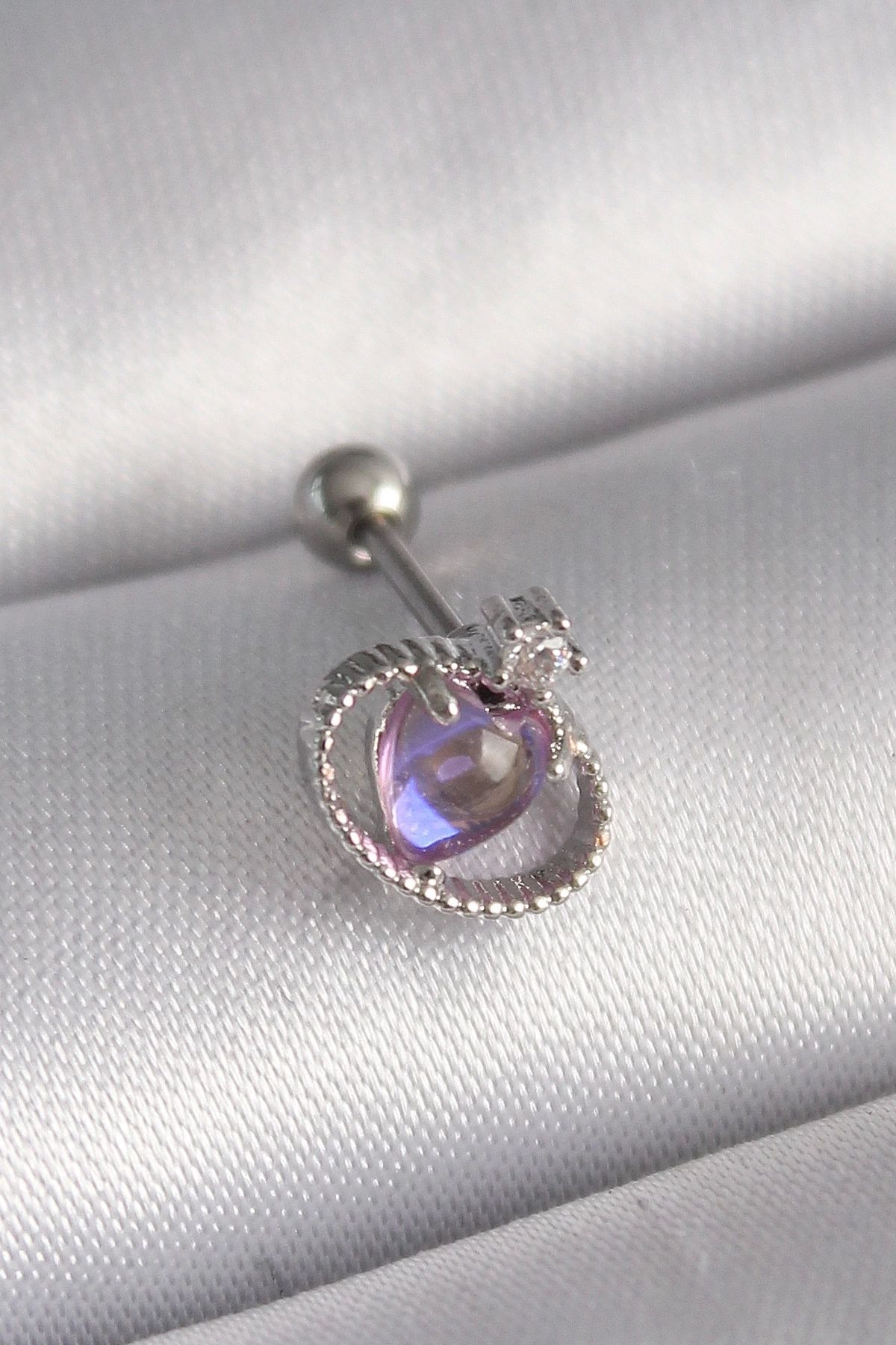 No8 Home 316L Çelik Gümüş Renk Mor Mineli Kalp Zirkon Taş Detay Tragus Piercing