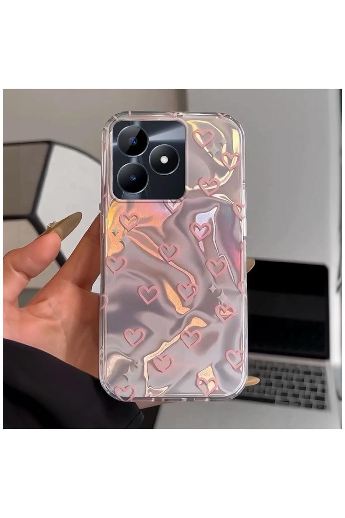 Pro Aksesuar Realme C53 Uyumlu Kılıf Kalp Desenli Silikon Kılıf Pembe