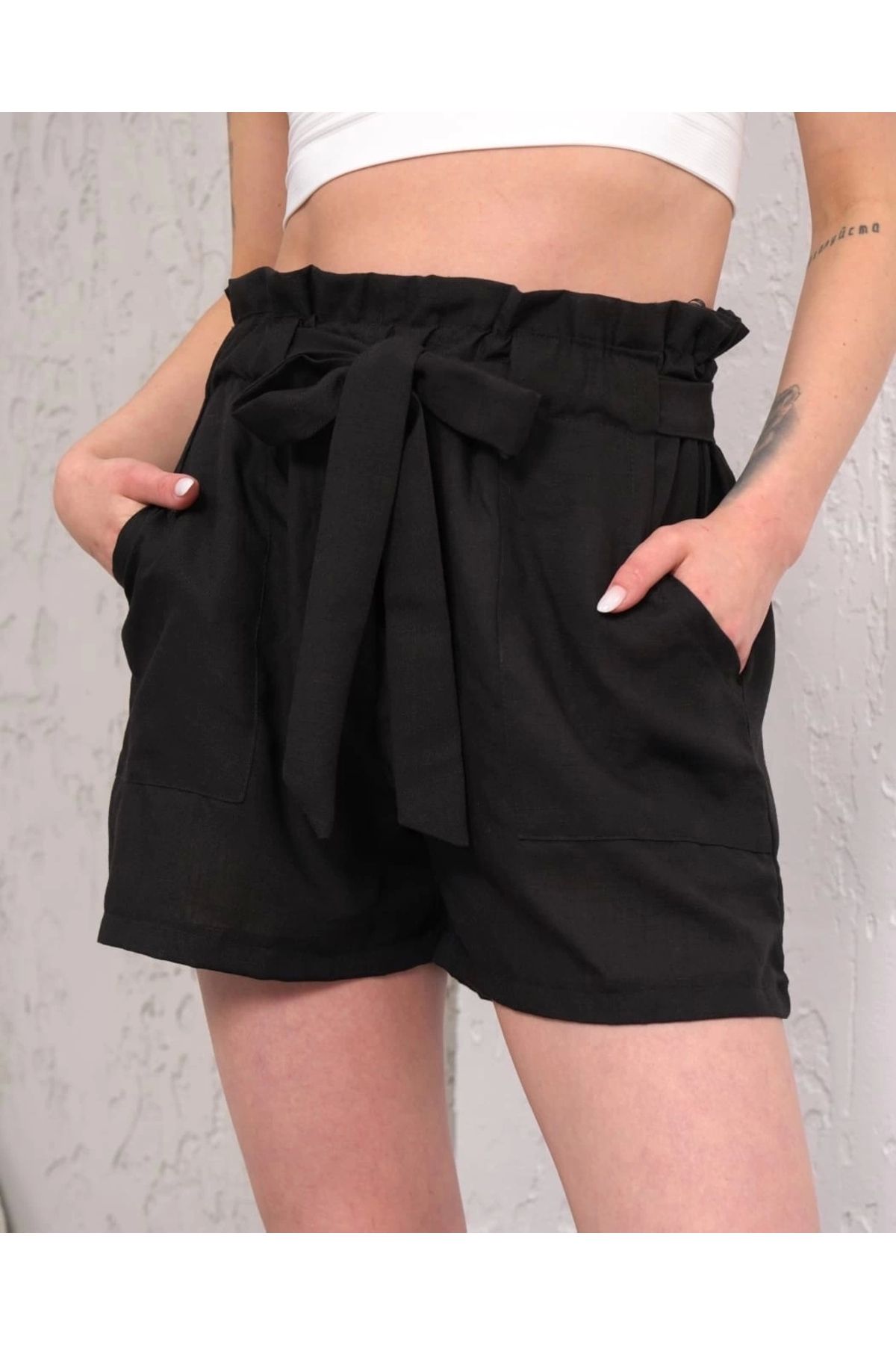 zarifkadın Kuşaklı keten şort siyah s255265
