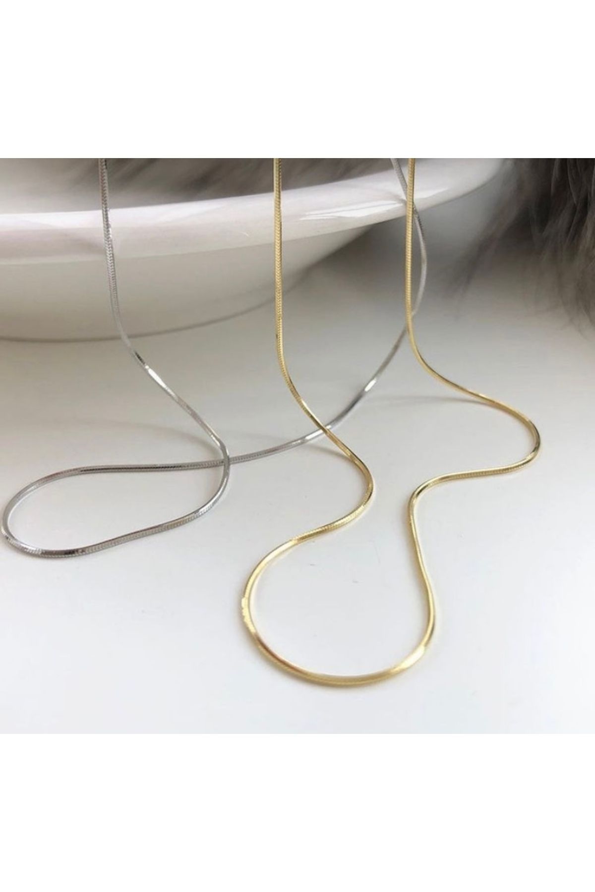 GLOWVİA AKSESUAR Snake Chain/ Balık Sırtı Yassı Zincir Gümüş Renk Çelik Kolye