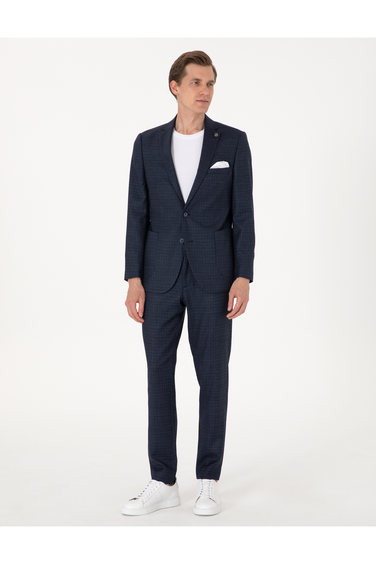 پیر کاردین سابق آبی نیروی دریایی Slim Fit Wool Blend Plaid Suit 50302272-VR033