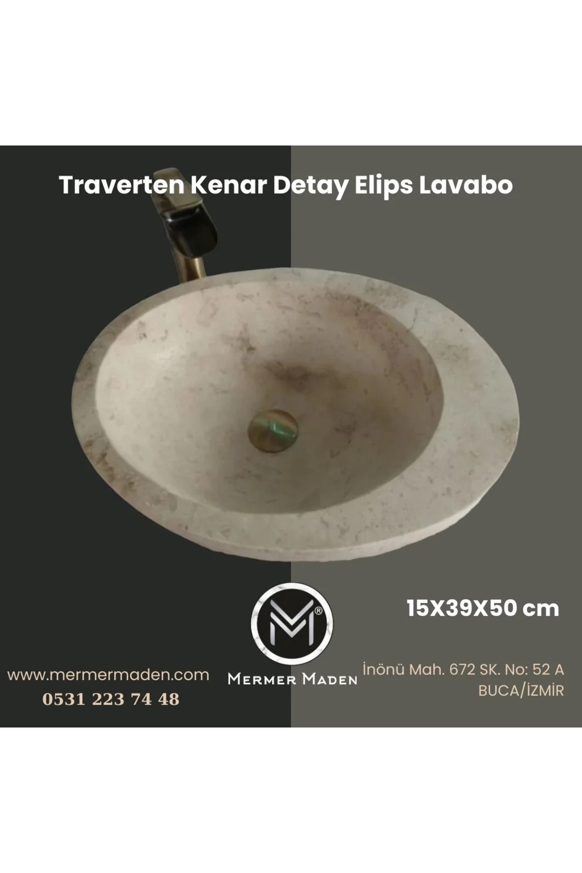 MermerMaden Kenar Detaylı Traverten Elips Lavabo