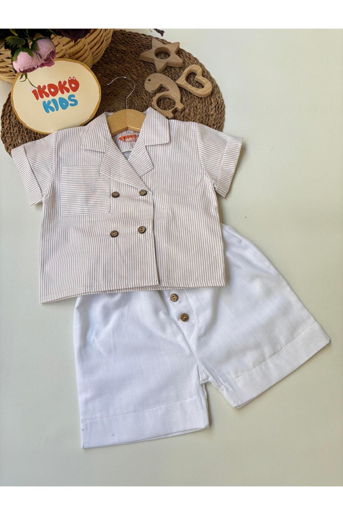 ikokokids Mavi-Çizgili-Gömlek-Beyaz-Şort-Takım