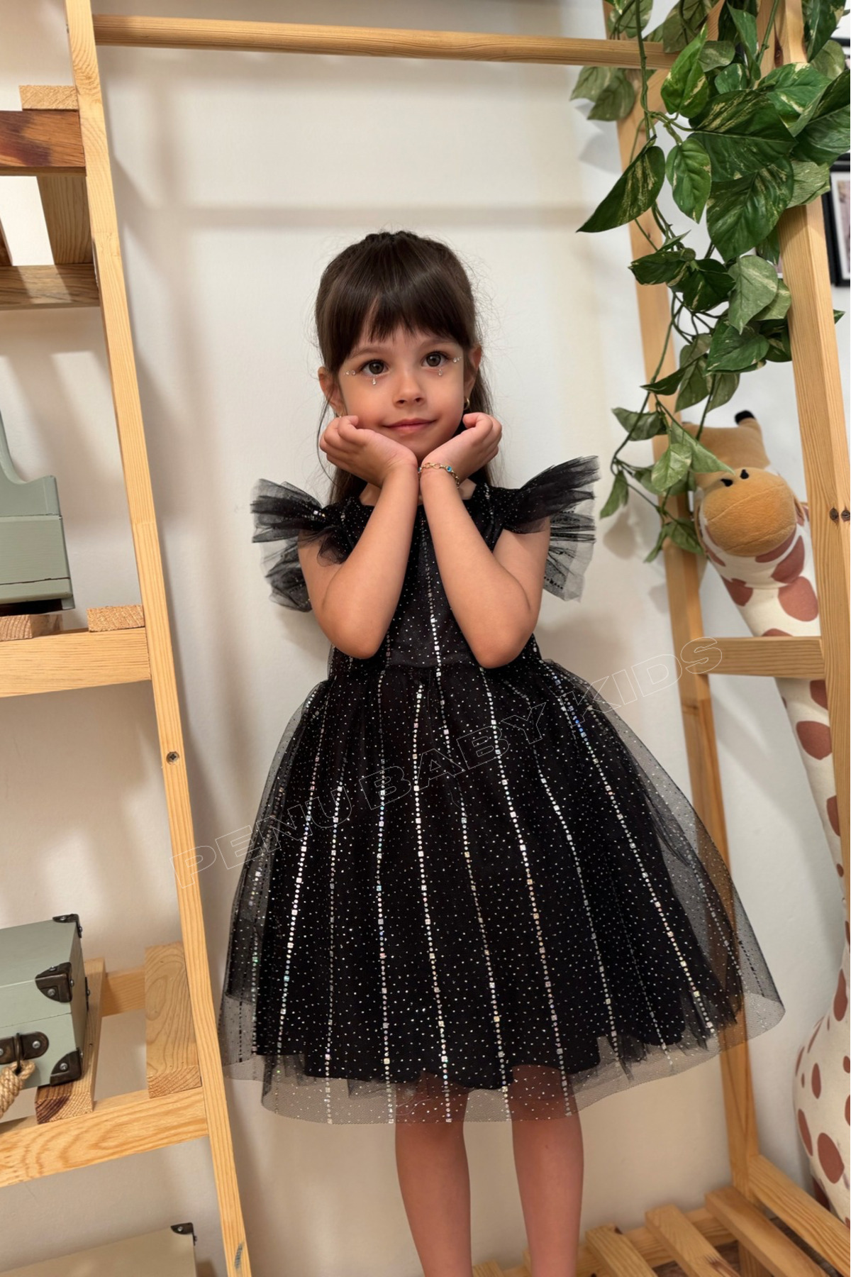 penu baby kids Siyah Yarım Kol Baskı Şeritli Tül Kız Çocuk Kız Bebek Elbise fotoğrafı 5 (önizleme)