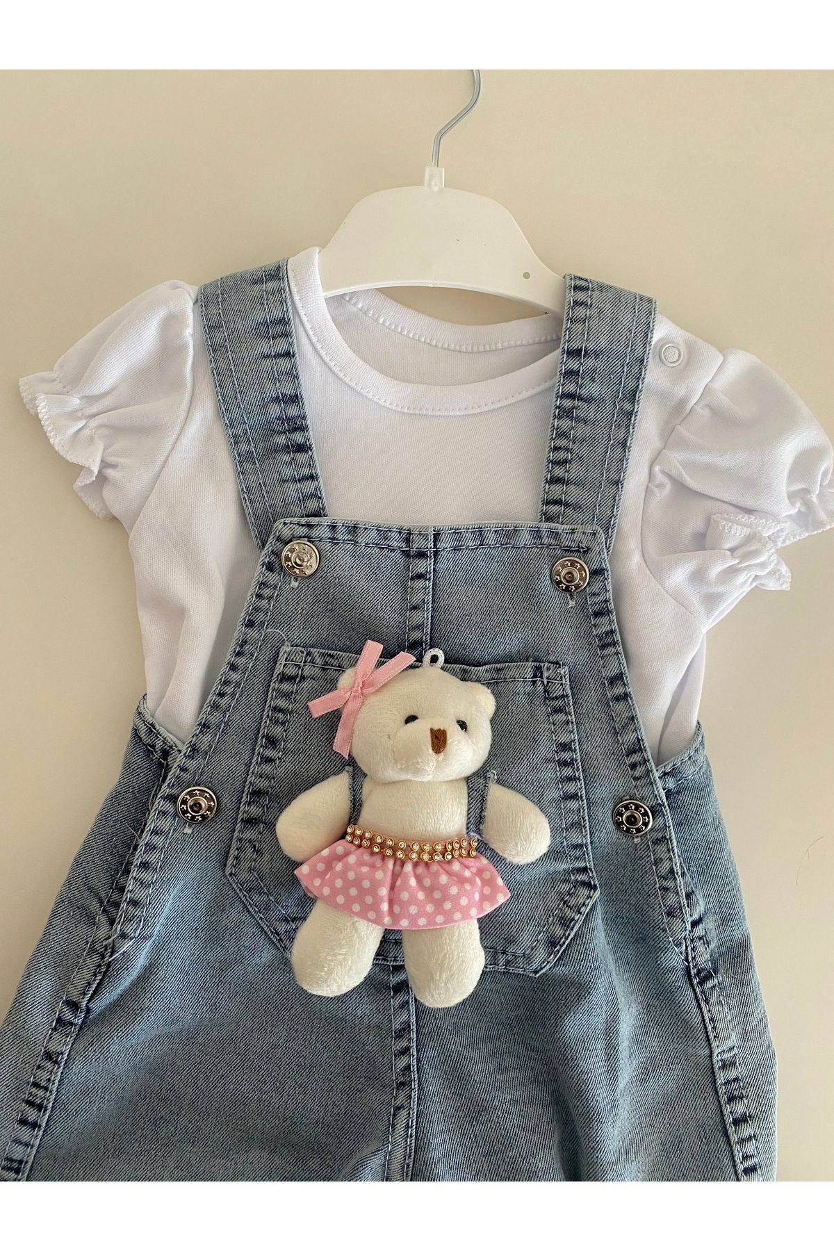 Temiz baby ayıcıklk kız bebek kot salopet tulum seti