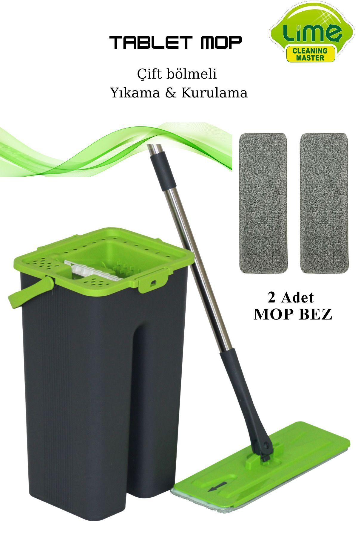 Lime Tablet Mop Temizlik Paspas Seti - 2 Microfiber Mop Bezli - Üretici Garantili