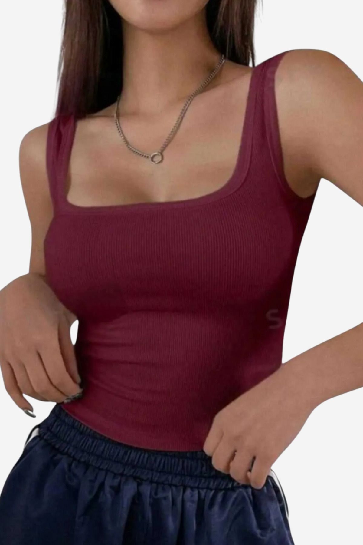 YESENİA Kadın Bordo Kare Yaka Geniş Askılı Fitilli Kaşkorse Spor Crop Atlet