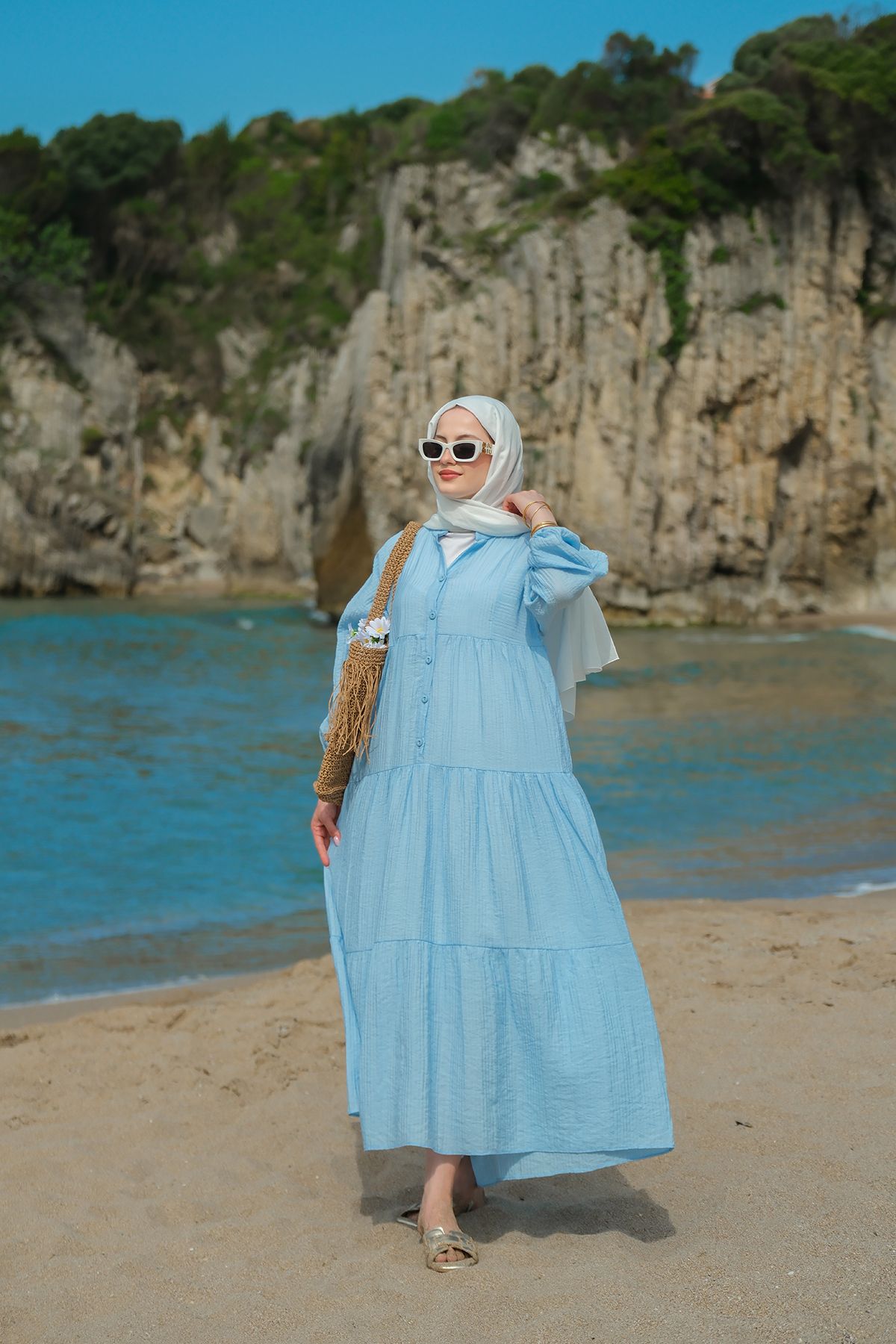 LOCCO-Rochie de damă cu model albastru 3