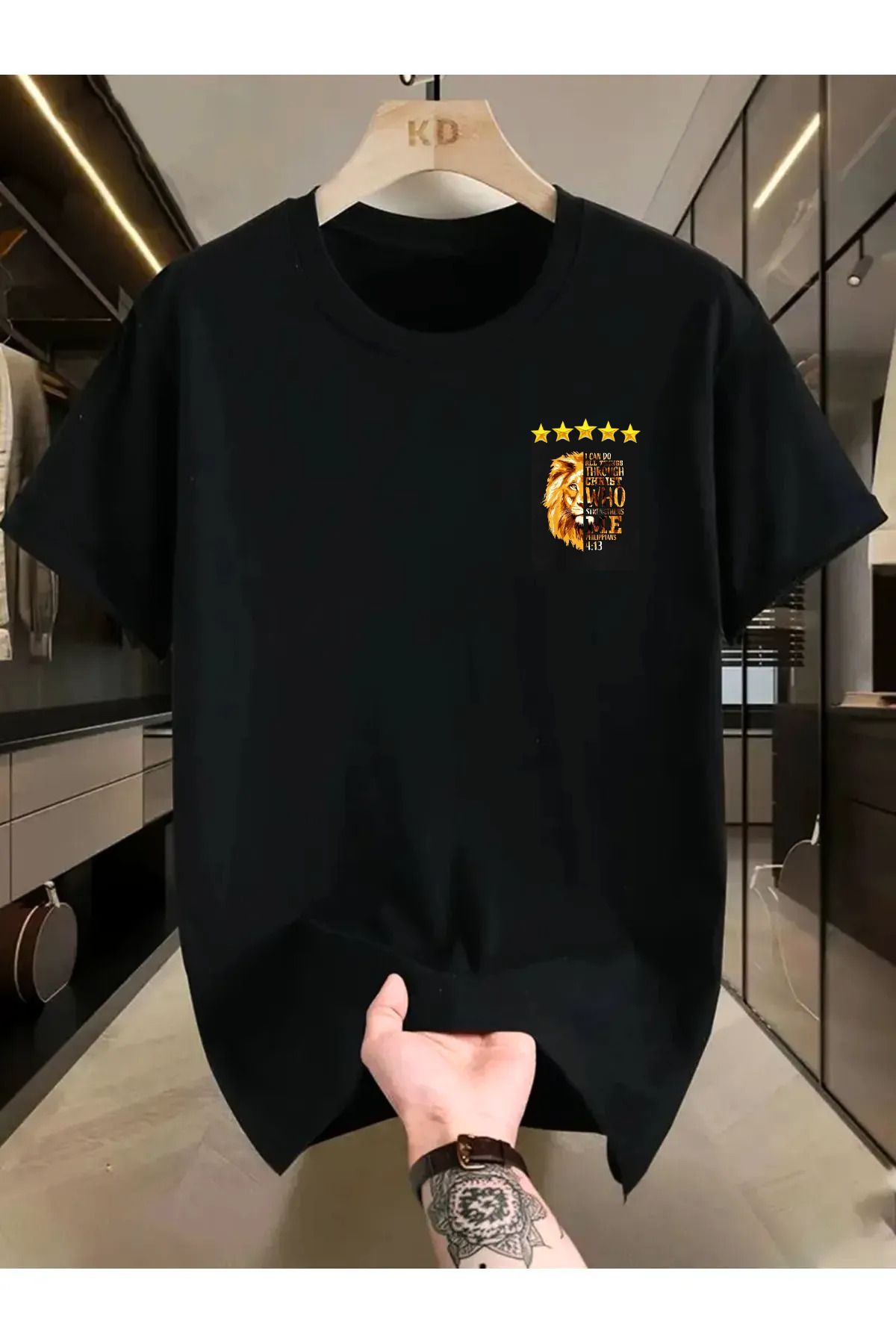 İnazuma Outdoors Unisex Oversize Baskılı Pamuklu Bisiklet Yaka Kısa Kollu SİYAH T-shirt Taraftar Aslan 5 Yıldız