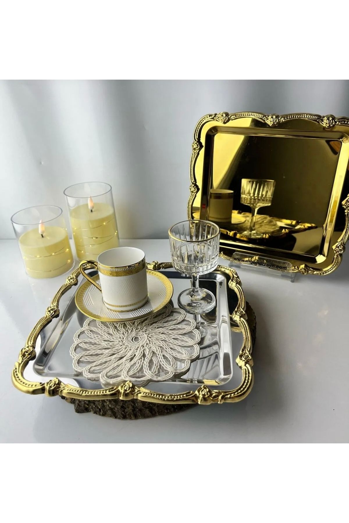 SEVA ÇELİK GOLD VE GÜMÜŞ KARE KENAR ÇERÇEVELİ ÇELİK SUNUM TEPSİSİ ÇAY KAHVE SERVİS