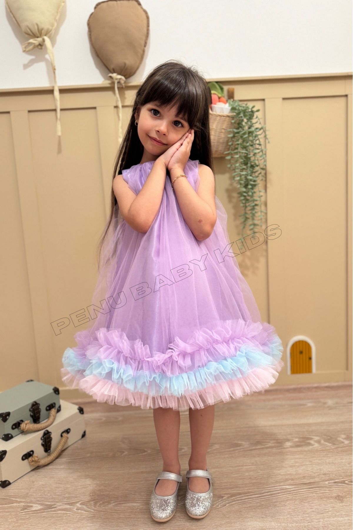 penu baby kids Lila Etek Ucu Renkli Fırfırlı Parlak Saten Üstü Kloş Tül Jile Kız Bebek & Kız Çocuk Elbise - Donna fotoğrafı 7 (önizleme)