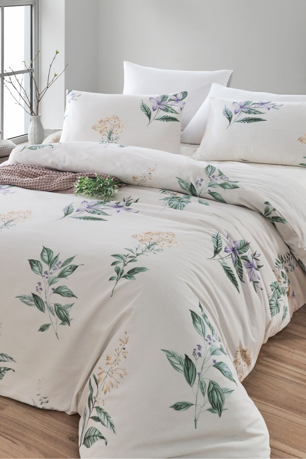Eponj Home Çift Kişilik Pamuklu Nevresim Takımı 4 Parça – Açelya Desen – Krem-Yeşil / Yumuşak Dokulu