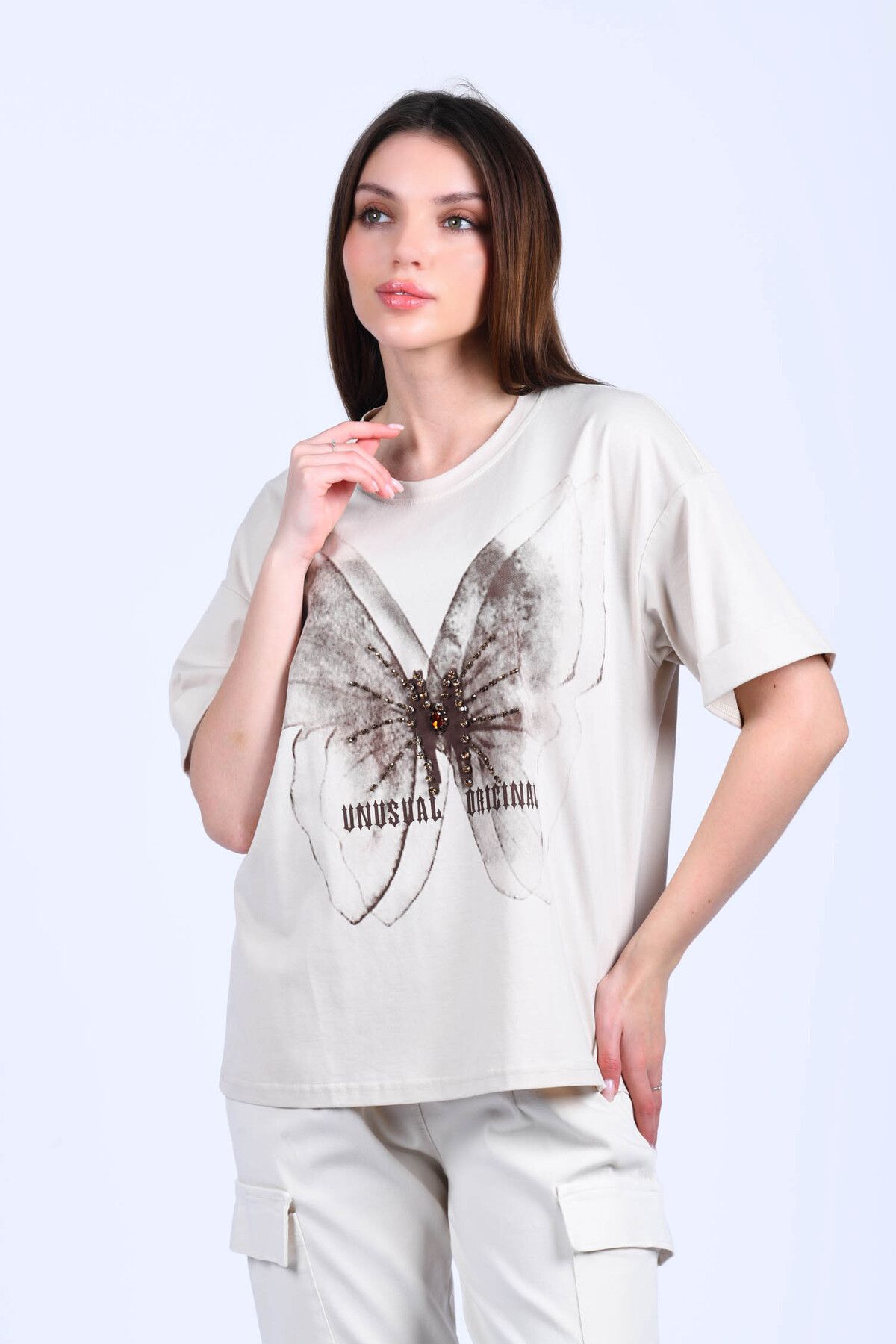 nuova stella Bej Kelebek Baskılı T-Shirt - MM7153