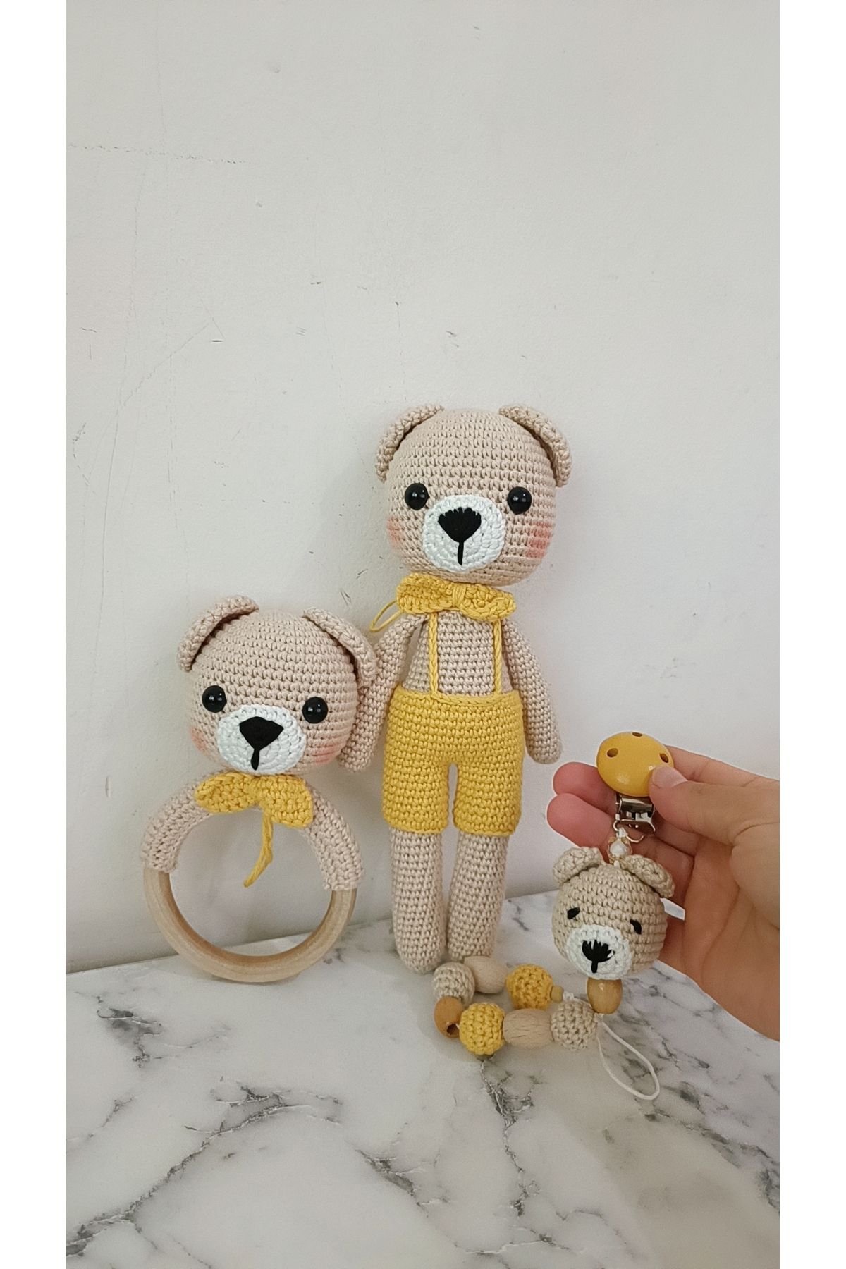 AYÇA ACUN Amigurumi yenidoğan 3lü set ayıcık oyun arkadaşı+çıngırak+emzik zinciri