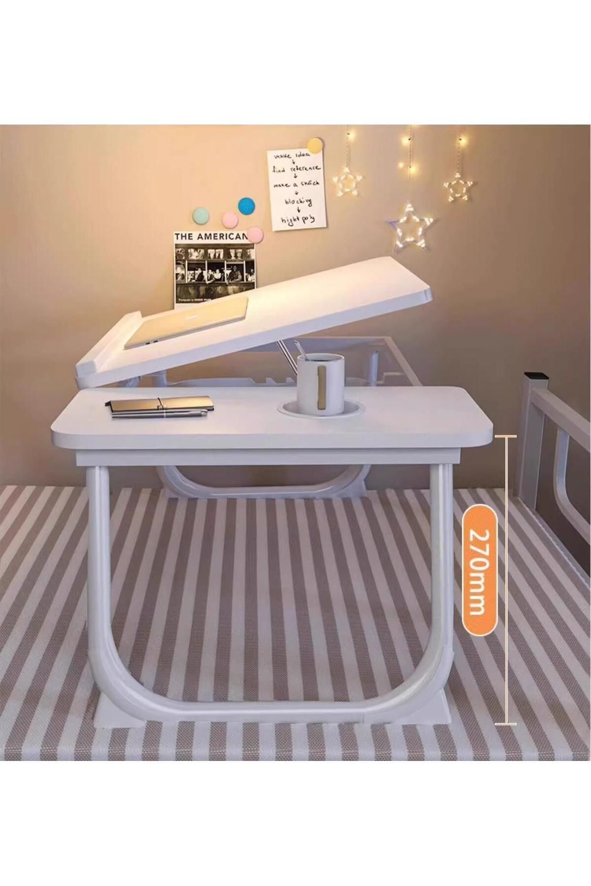 Saharaz-Multifunctional Folding Computer Table, Non-slip, 5-level Adjustable Height, With Cup Holder, Beige 2