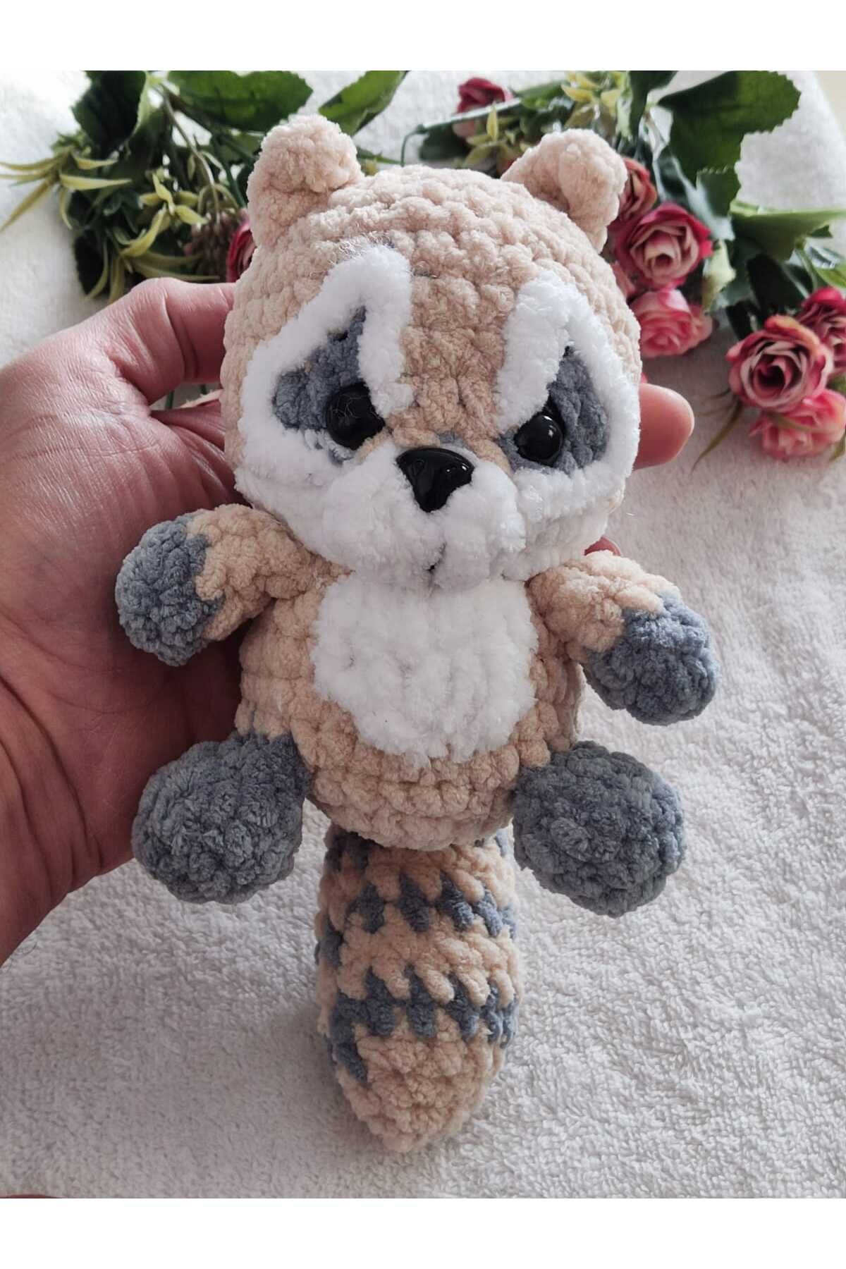 Engin TT Amigurumi El Yapımı Kadife Rakun Peluş Oyuncak - 14 cm | Sevimli ve Yumuşak Hediye