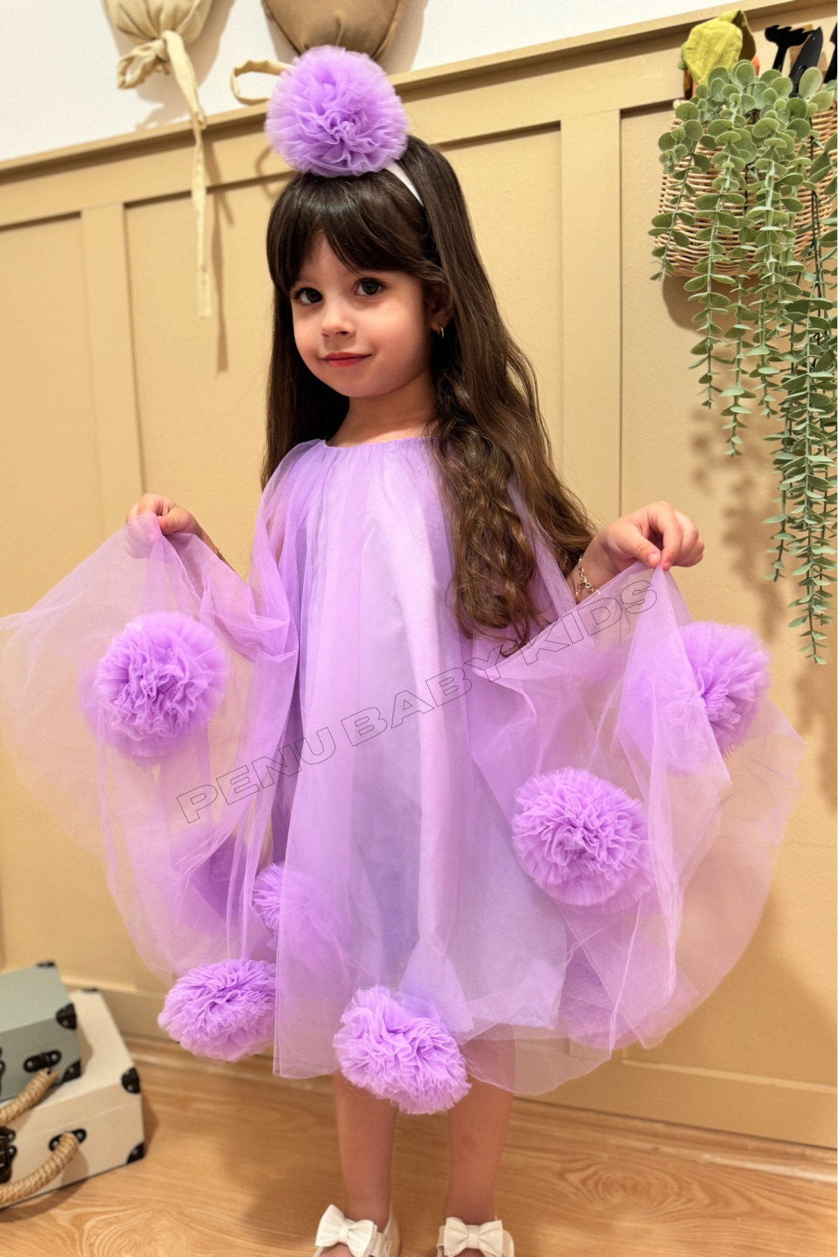 penu baby kids Lila Kolsuz Etek Ucu Ponponlu Ve Ponpon Taçlı Kız Bebek & Kız Çocuk Elbise - Lara fotoğrafı 3 (önizleme)